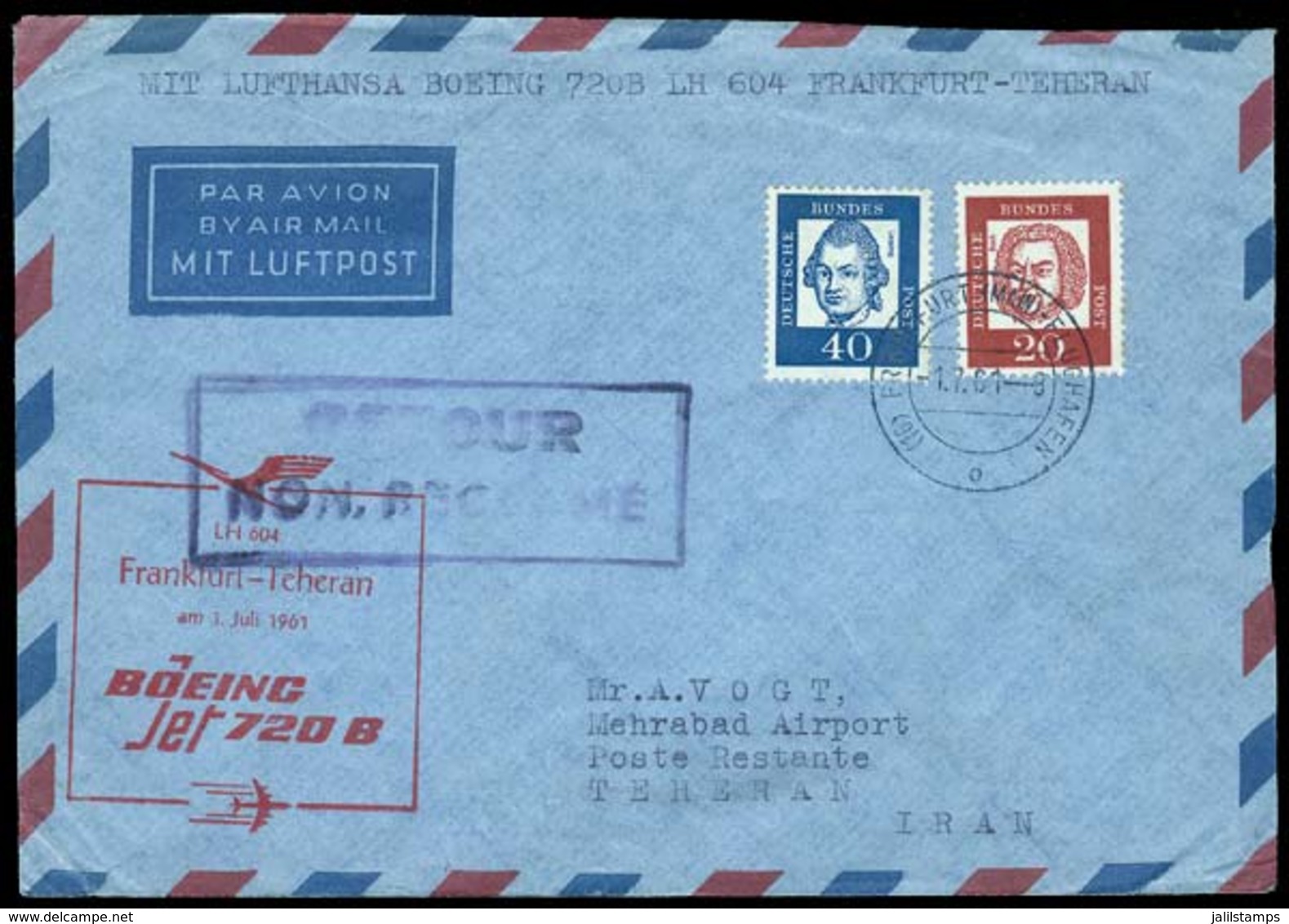 WEST GERMANY: 1/JUL/1961 First Flight Frankfurt - Teheran (Iran) Via Lufthansa, VF! - Lettres & Documents