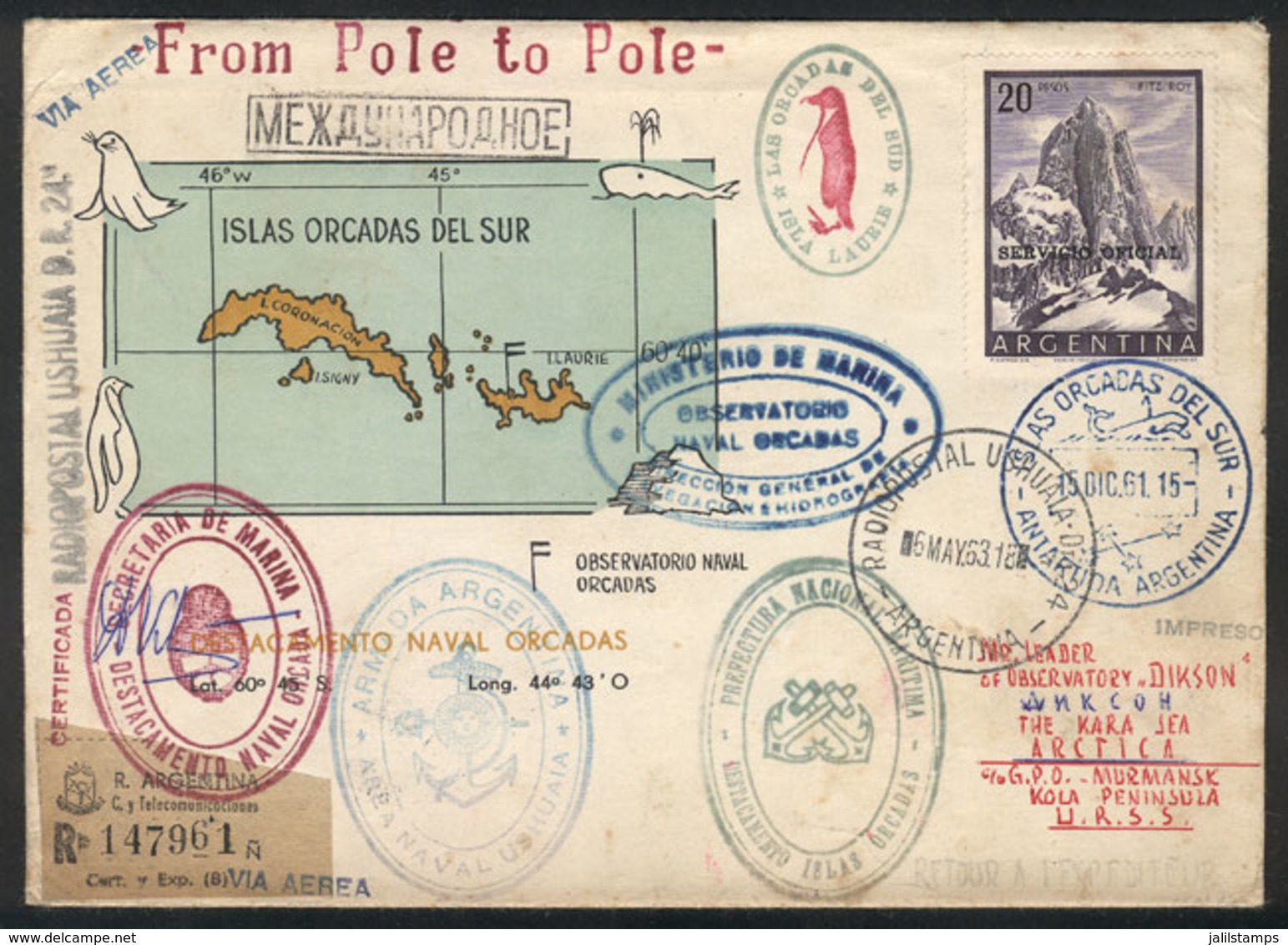 ARGENTINE ANTARCTICA (ORKNEY ISLANDS): MAIL SENT FROM SOUTH POLE TO NORTH POLE: Cover Sent From Orcadas Base To Observat - Other & Unclassified
