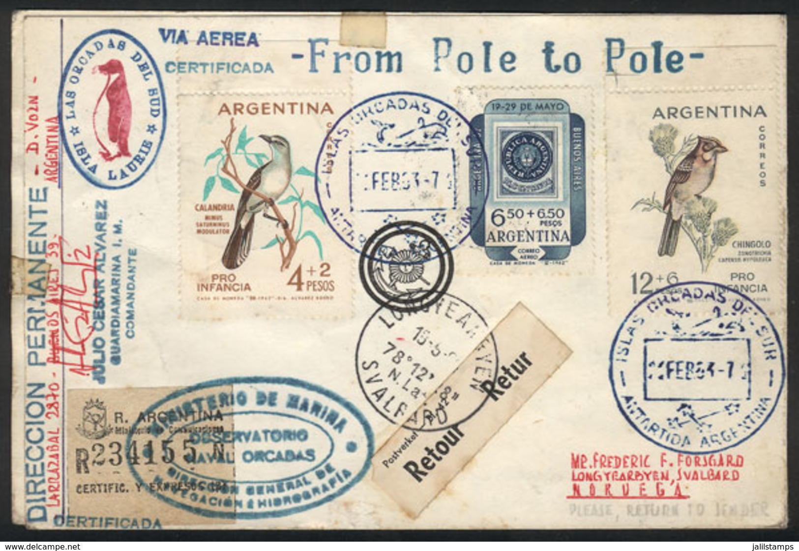 ARGENTINE ANTARCTICA (ORKNEY ISLANDS): MAIL SENT FROM SOUTH POLE TO NORTH POLE: Card Sent From The Orcadas Base To LONGY - Autres & Non Classés