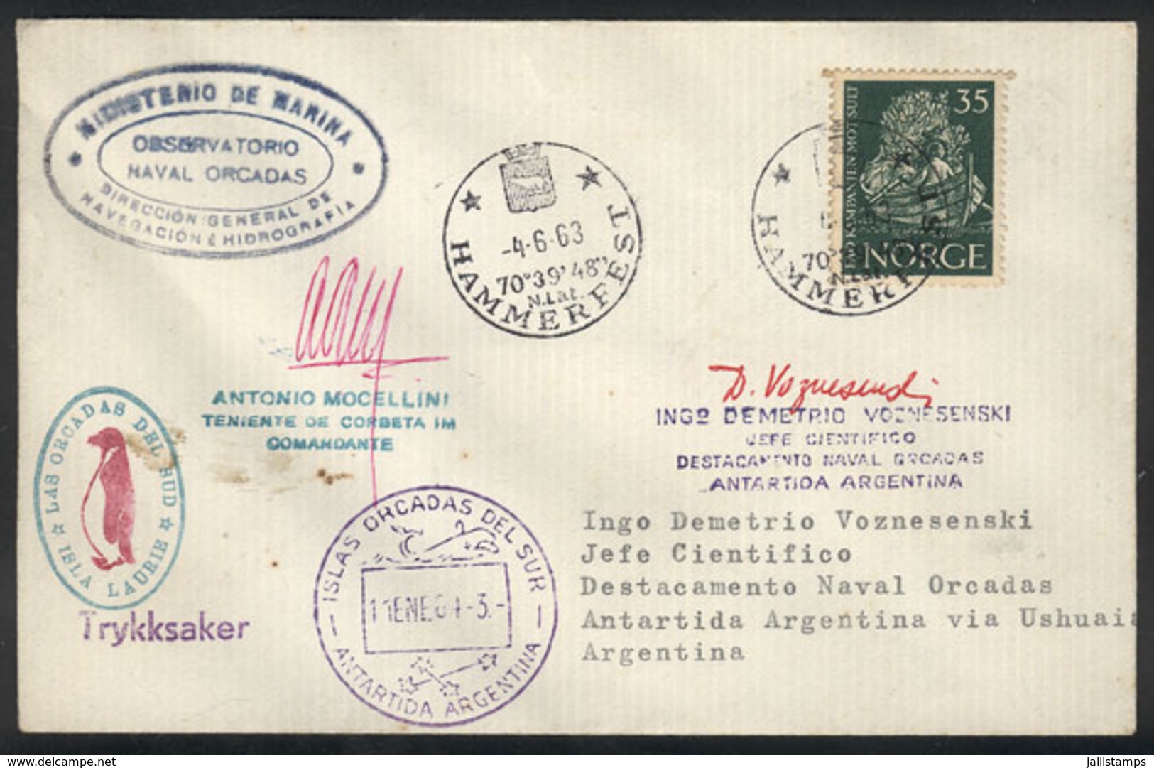 ARGENTINE ANTARCTICA (ORKNEY ISLANDS): Cover Sent From NORWAY To Destacamento Naval Orcadas On 4/JUN/1963, With Transit  - Andere & Zonder Classificatie
