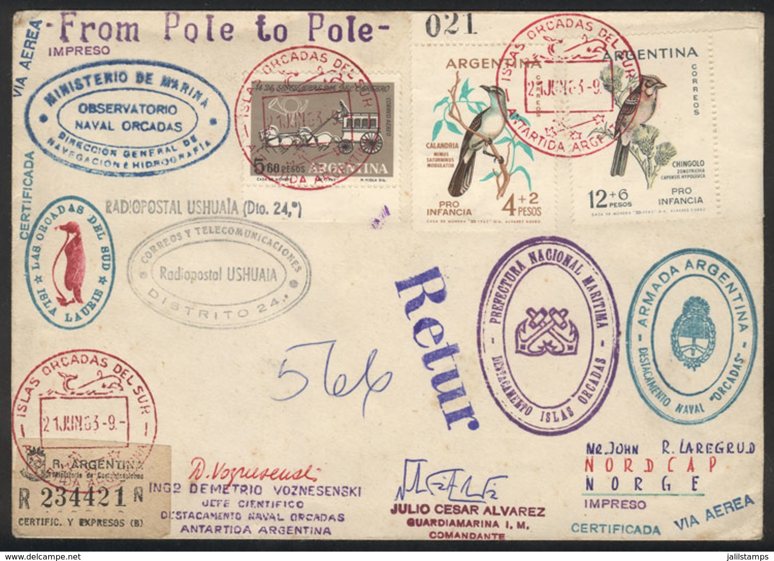 ARGENTINE ANTARCTICA (ORKNEY ISLANDS): MAIL SENT FROM SOUTH POLE TO NORTH POLE: Cover Sent From The Orcadas Base To NORD - Sonstige & Ohne Zuordnung