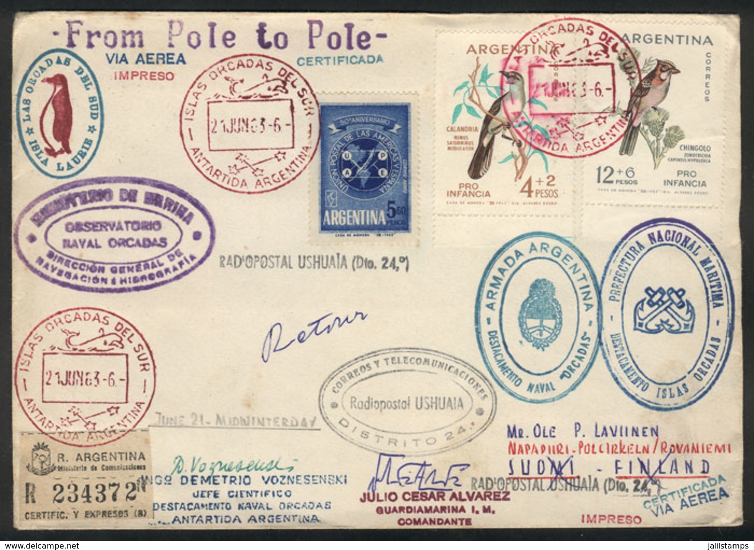 ARGENTINE ANTARCTICA (ORKNEY ISLANDS): MAIL SENT FROM SOUTH POLE TO NORTH POLE: Cover Sent From Orcadas Base To Napiiri  - Andere & Zonder Classificatie