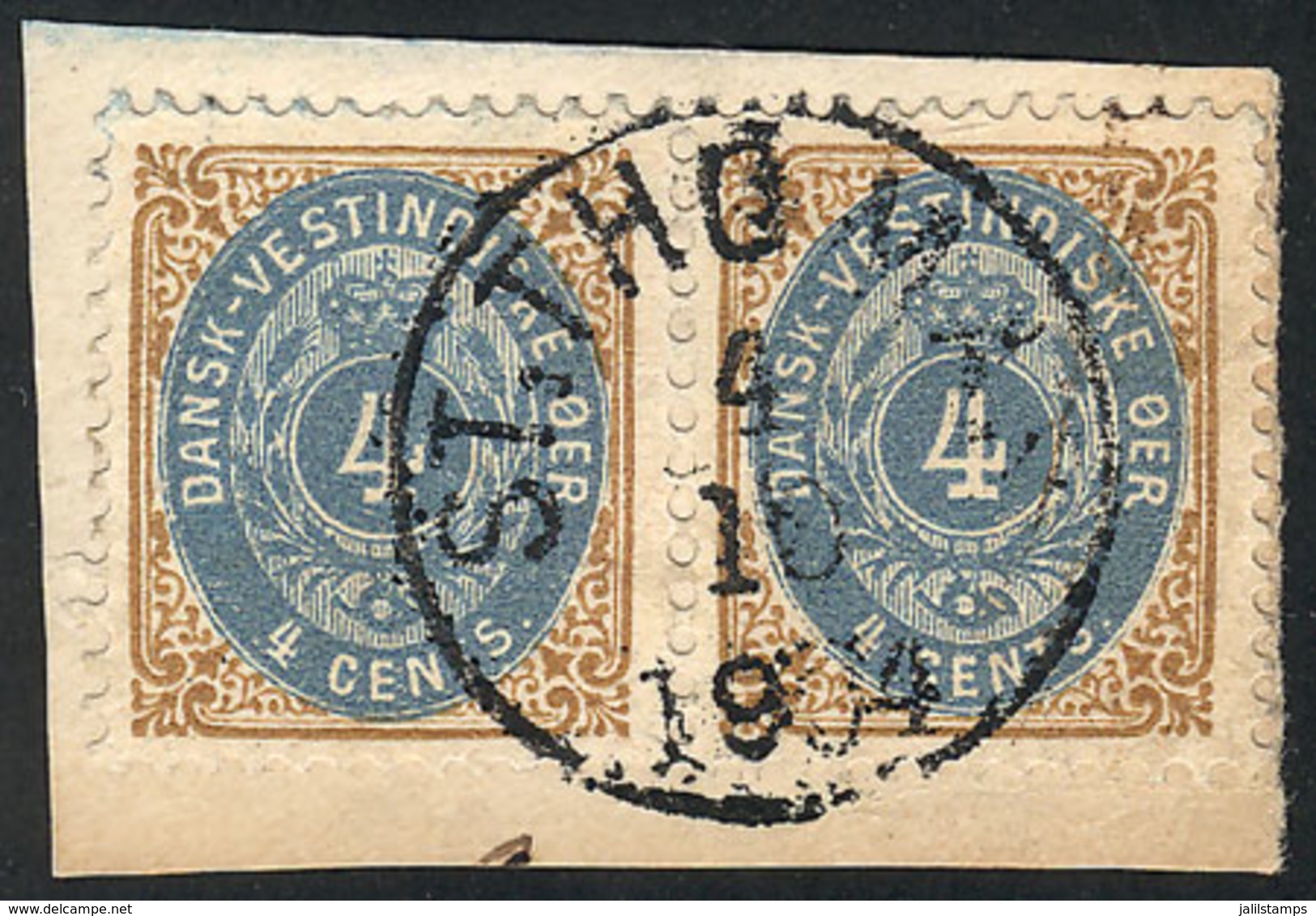 DANISH ANTILLES: Sc.18, 1896 4c., Pair Used On Fragment With Cancel Of St.Thomas For 4/OC/1904, VF Quality! - Dänische Antillen (Westindien)