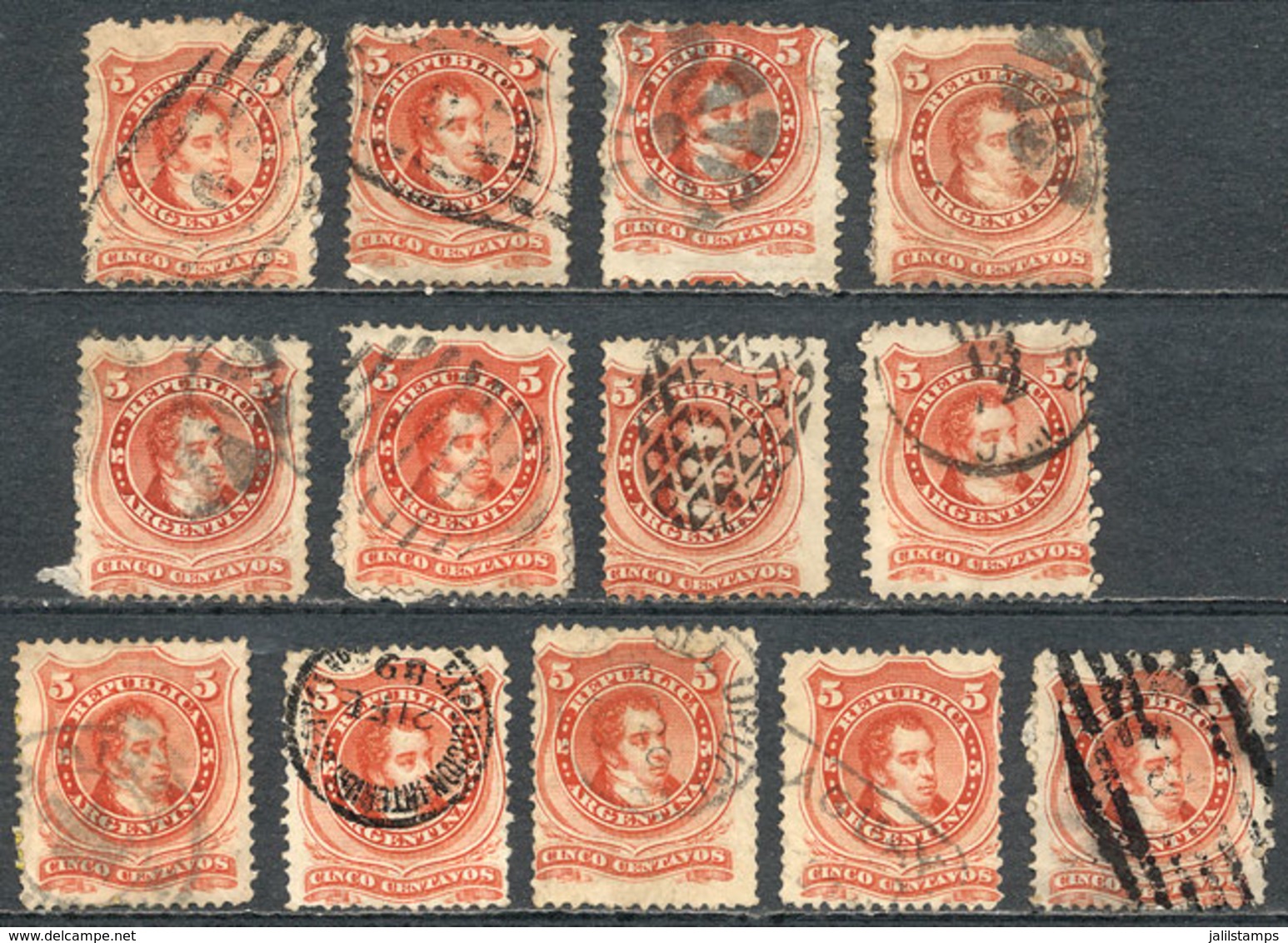 ARGENTINA: GJ.38, 13 Examples With Varied Cancels, Some Rare, Very Attractive Lot For The Specialist! - Gebruikt
