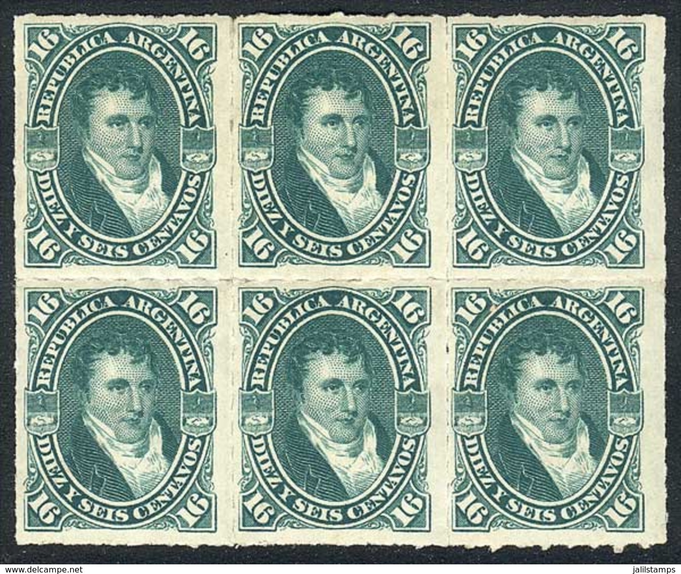 ARGENTINA: GJ.50, 1876 16c. Belgrano, Handsome Block Of 6, Mint Original Gum, VF Quality! - Gebruikt