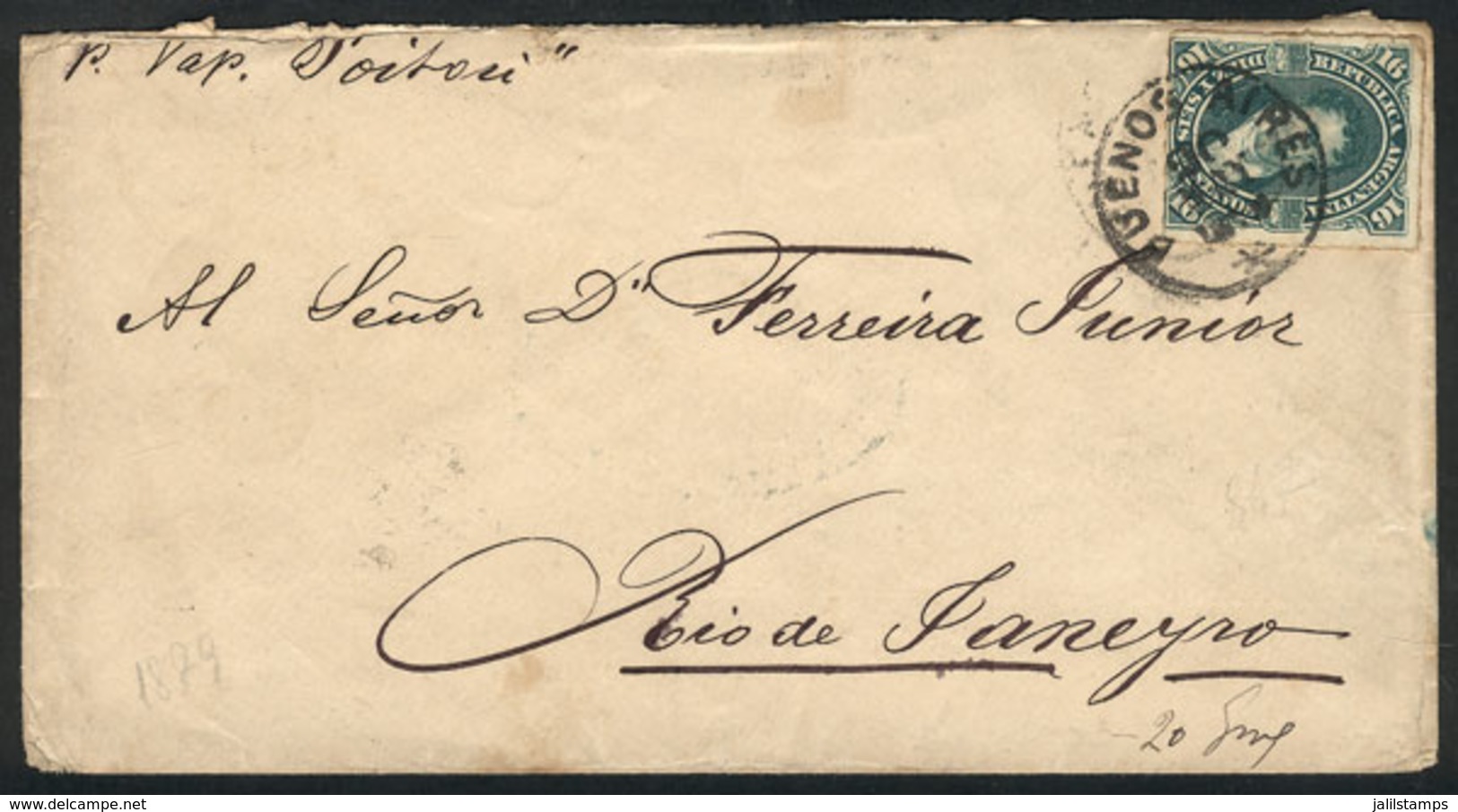 ARGENTINA: "GJ.50, 1876 Belgrano 16c. Rouletted, Franking A Cover Sent From Buenos Aires To RIO DE JANEIRO (Brazil) On 2 - Gebruikt