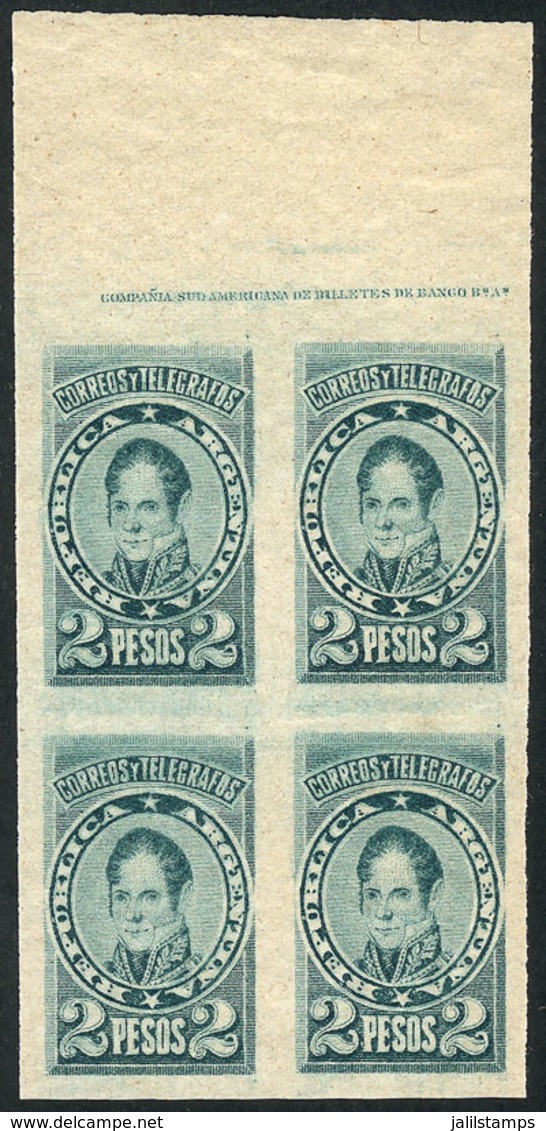 ARGENTINA: Year 1889, ESSAY Of A 2P. Stamp, Unadopted, Block Of 4 Printed In Bluish Green On Thin Paper, Unlisted By Kne - Gebruikt