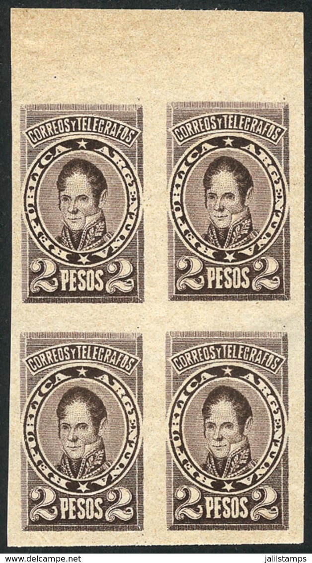 ARGENTINA: Year 1889, ESSAY Of A 2P. Stamp, Unadopted, Block Of 4 Printed In Very Dark Brown On Thin Paper, Unlisted By  - Oblitérés