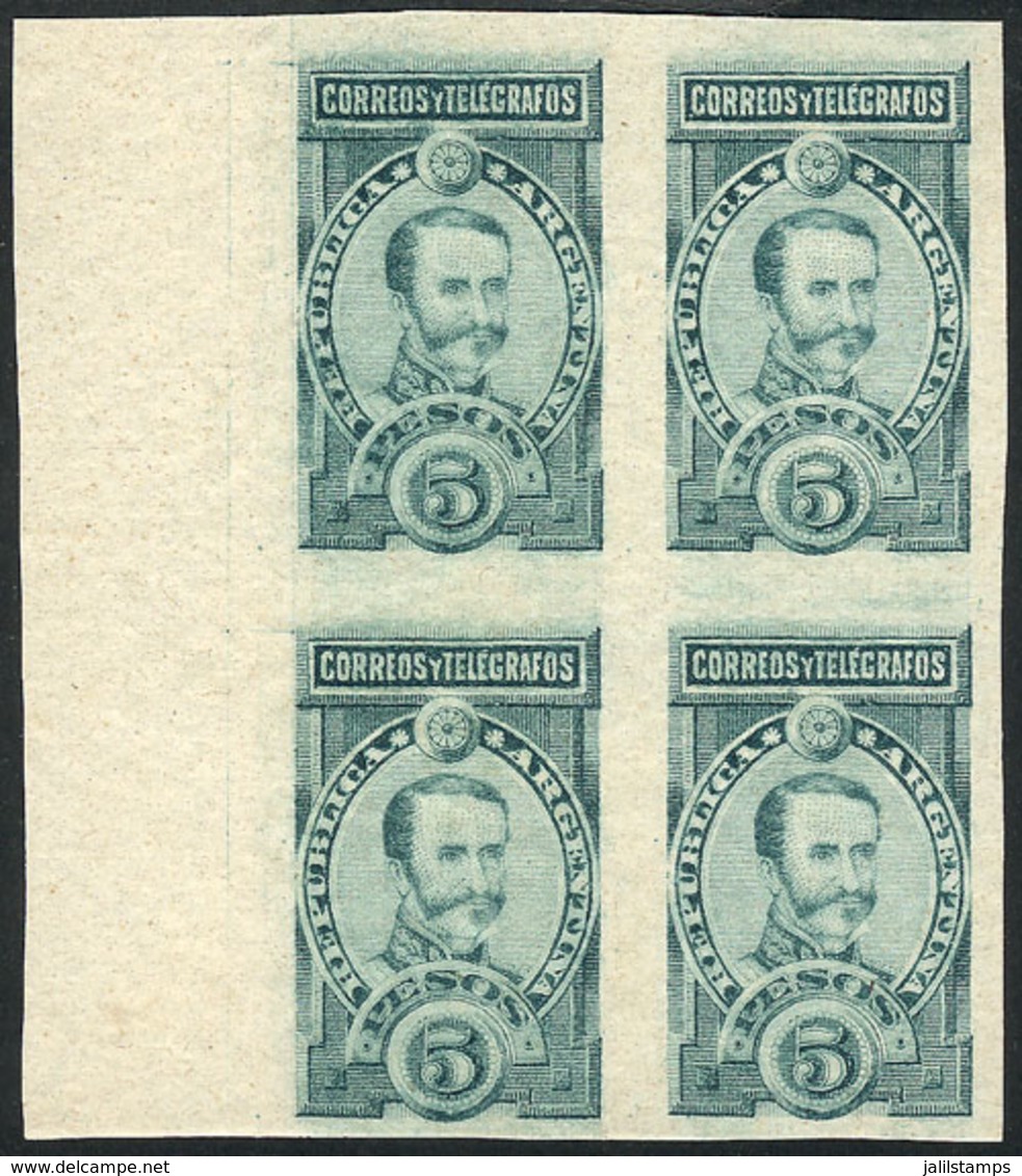 ARGENTINA: GJ.116, 1889 5P. Lamadrid, PROOF In Aquamarine, Block Of 4 Printed On Thin Paper, Unlisted By Kneitschel, Exc - Gebruikt