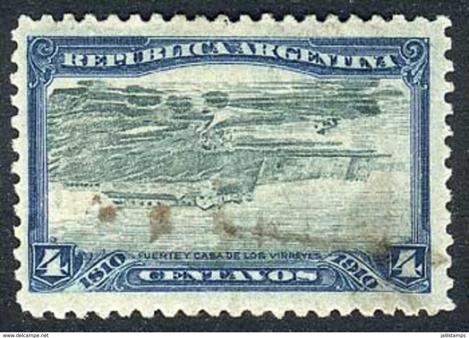 ARGENTINA: GJ.304CI, 1910 4c. Centenary Of Revolution, CENTER INVERTED Variety, With Defects And Repaired, Rare, Catalog - Used Stamps