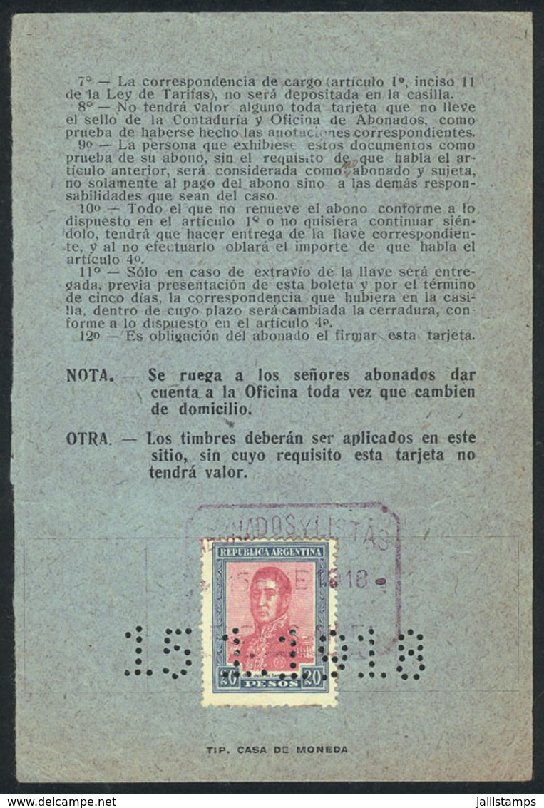 ARGENTINA: GJ.455, 1917 20P. San Martín, Franking The 2nd Page Of A PO Payment Card Of The Year 1918, VF Quality, Rare! - Oblitérés