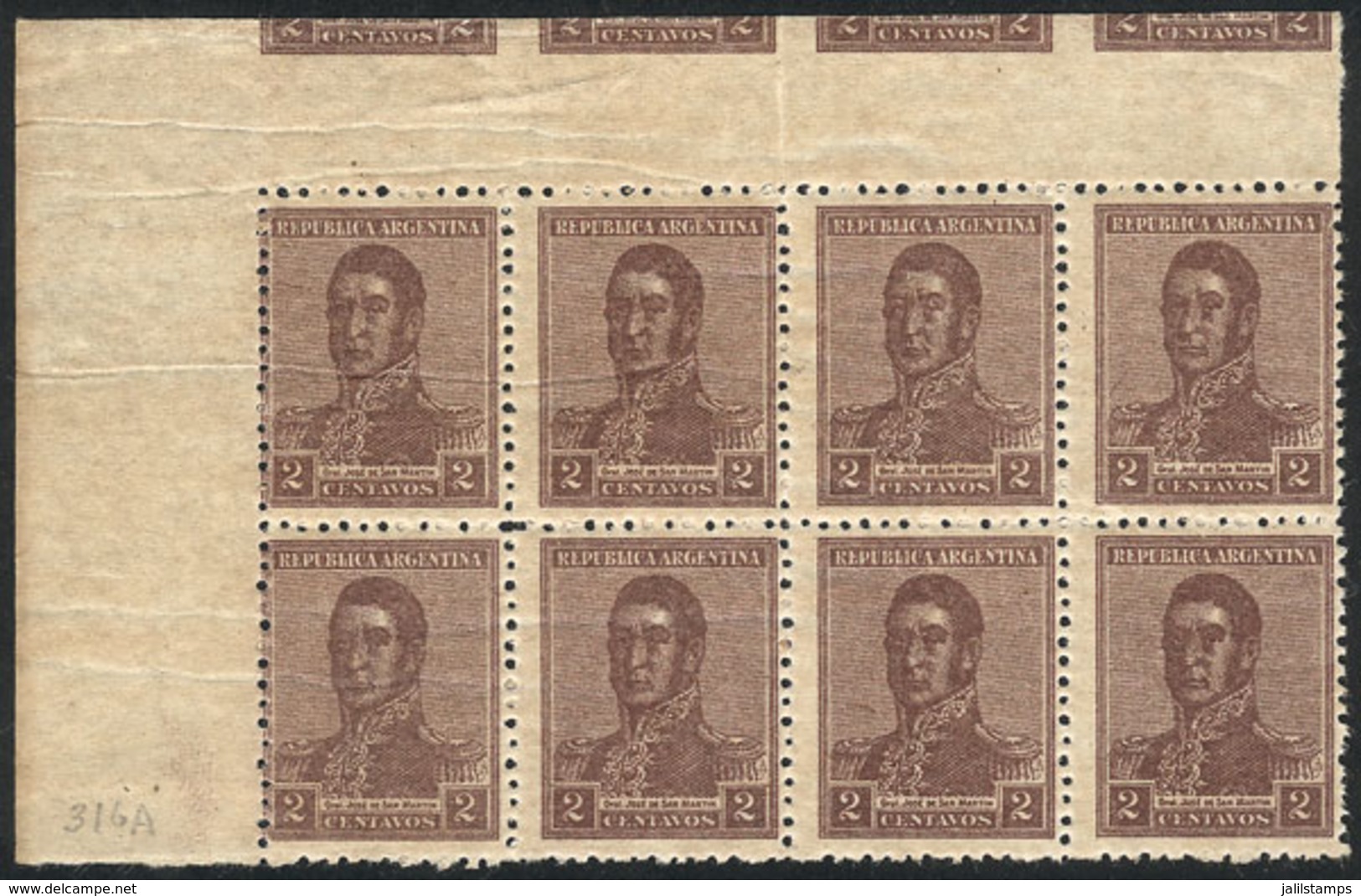 ARGENTINA: GJ.466, 1918 2c. San Martín, Unwatermarked, Corner Block Of 8 Stamps, With Part Of 4 Other Stamps Printed In  - Used Stamps