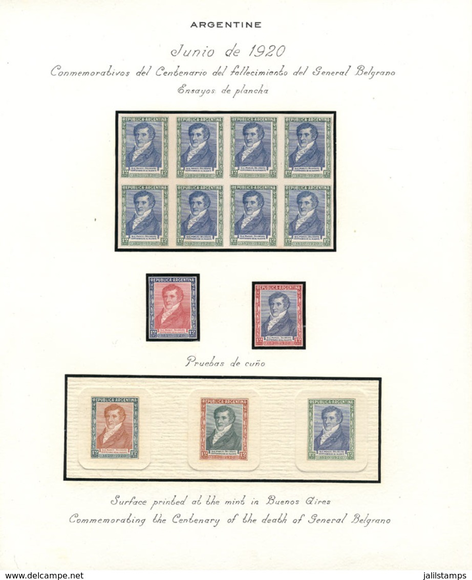 ARGENTINA: GJ.520/522, 1920 Manuel Belgrano, Collection Of Trial Color Proofs And Die Proofs On 4 Sheets, Very Well Deve - Used Stamps