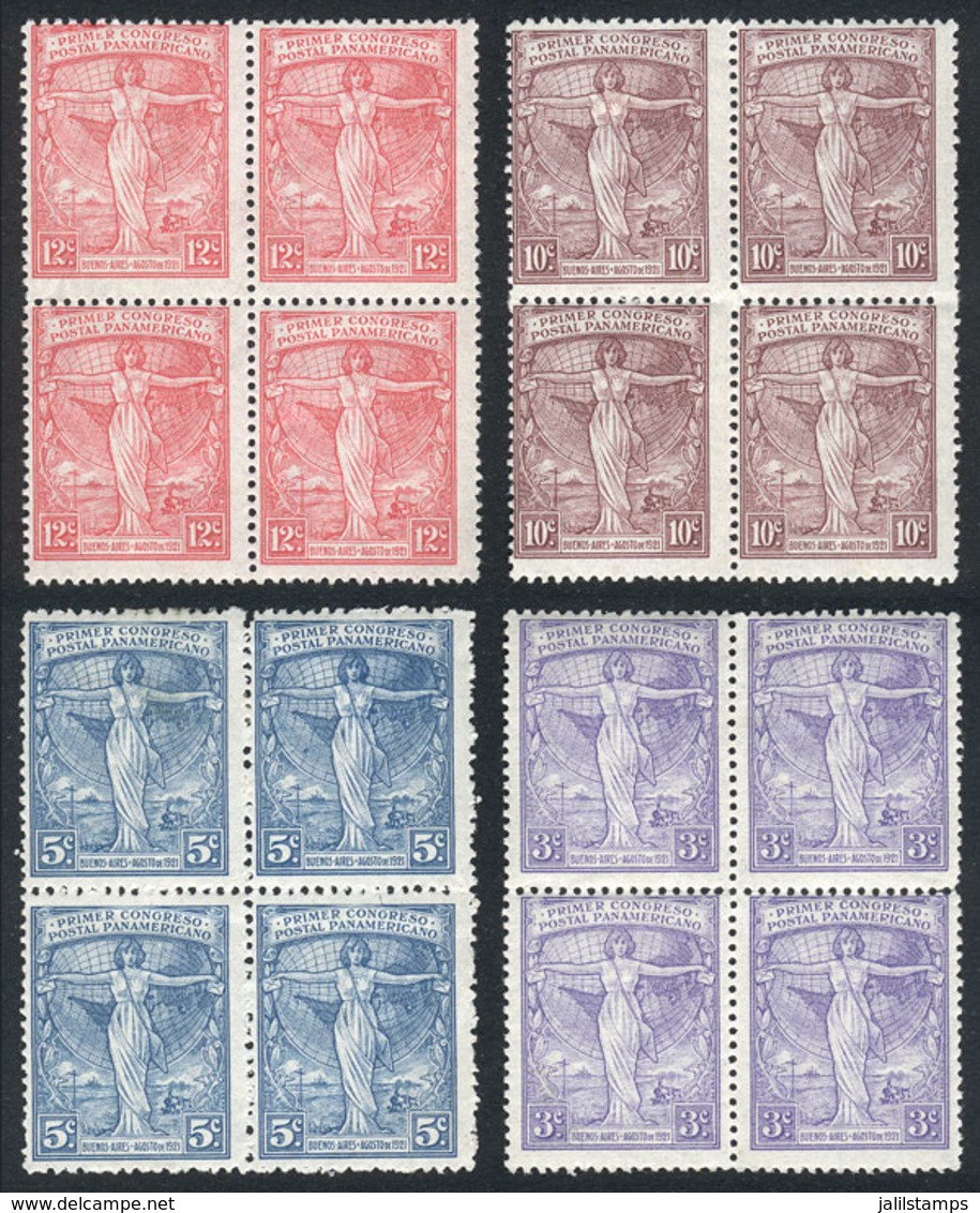 ARGENTINA: GJ.529/32 (Sc.286/9), 1921 First Panamerican Postal Congress, Compl. Set Of 4 Values In Blocks Of 4, VF Quali - Used Stamps