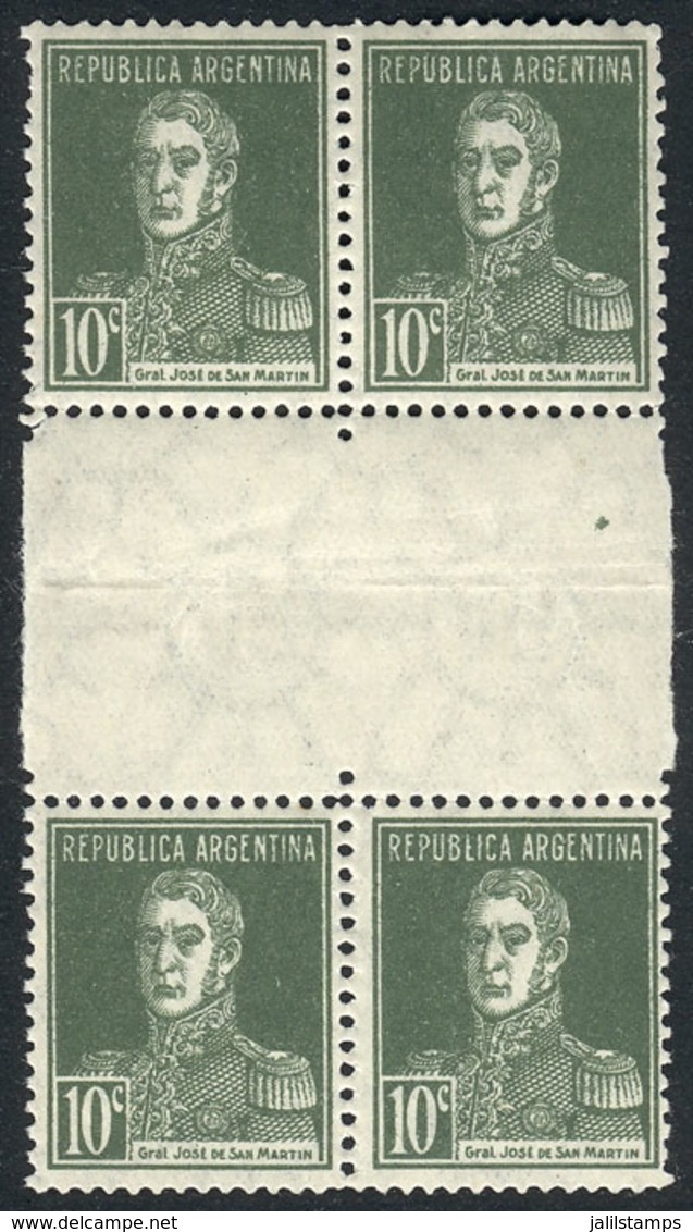 ARGENTINA: GJ.600EHB, 1924 San Martín W/o Period 10c., Block Of 4 With WHITE HORIZONTAL GUTTER, Excellent Quality, Rare, - Oblitérés