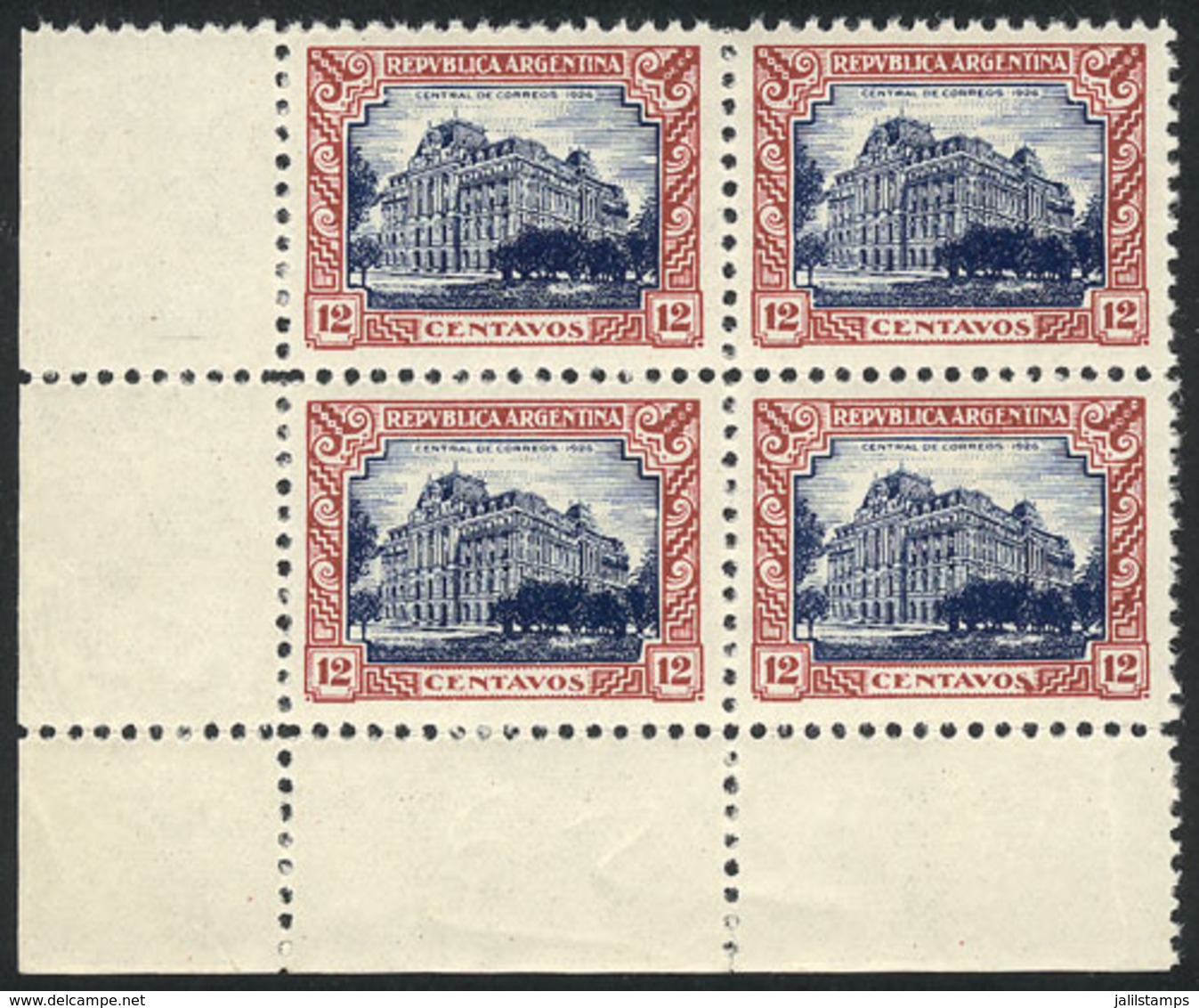 ARGENTINA: GJ.624, 1926 12c. Post Office, Unadopted ESSAY Printed On Gummed And Perforated Paper, Chestnut And Blue, MNH - Used Stamps