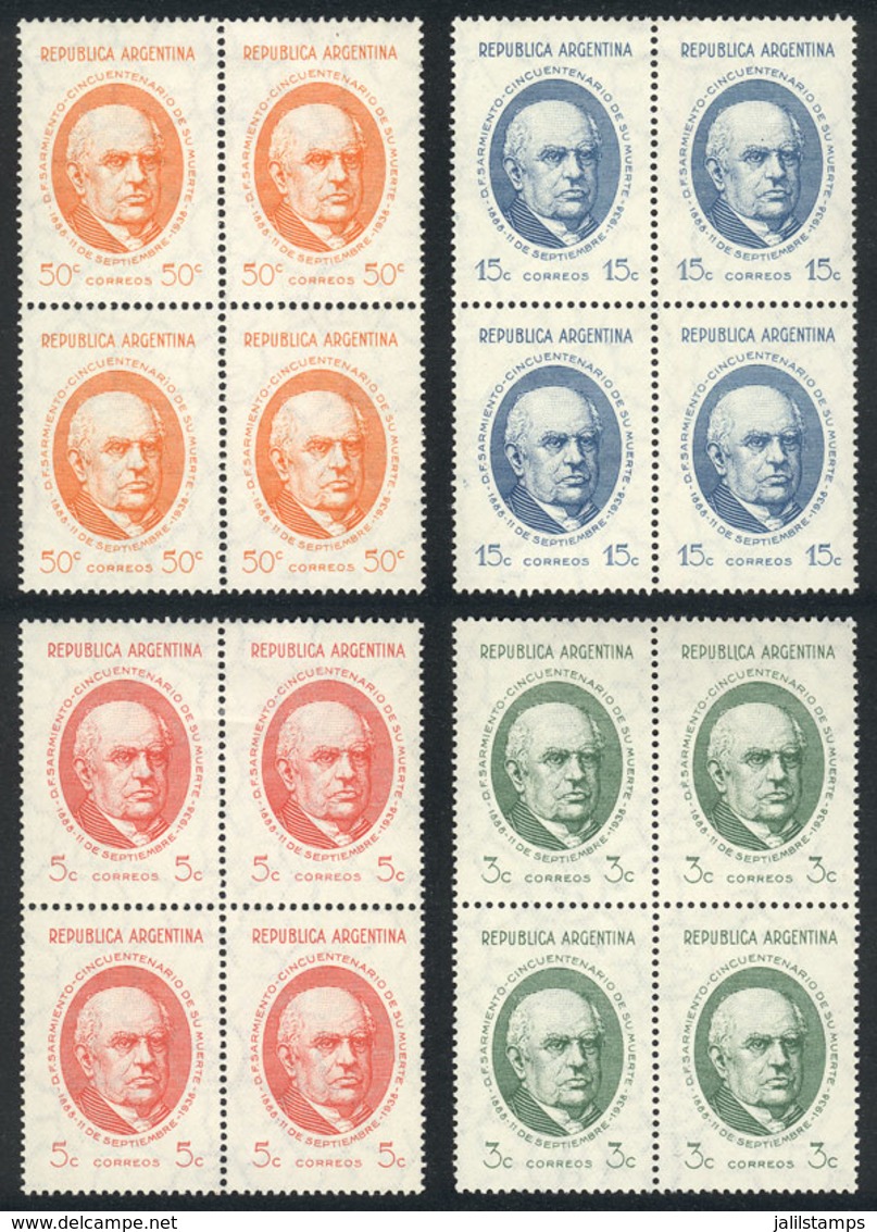 ARGENTINA: GJ.818/21, 1938 Sarmiento, Compl. Set Of 4 Values In Blocks Of 4, Excellent Quality. In Each Block 2 Stamps A - Used Stamps