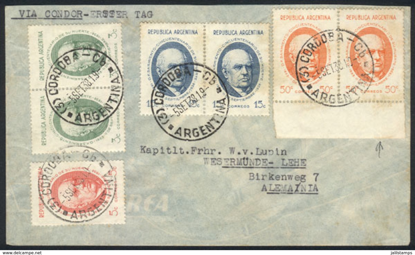 ARGENTINA: "GJ.818/21, 1938 Sarmiento, The Set On A Cover Cancelled CORDOBA 5/SET/1938 (first Day Of Issue), Sent To Ger - Oblitérés