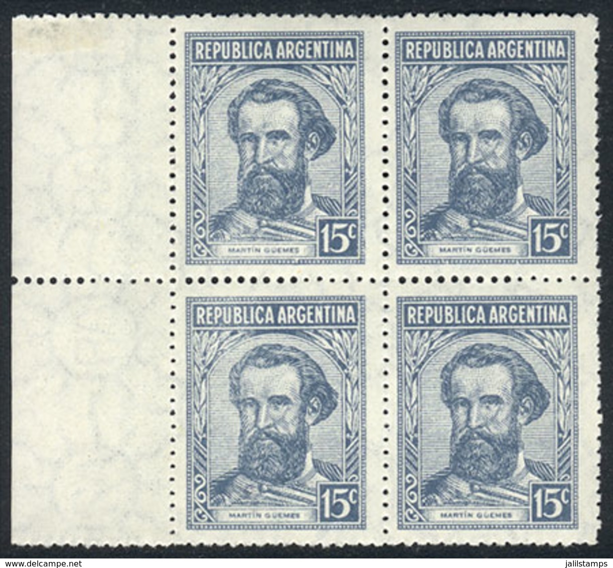 ARGENTINA: GJ.872 (Sc.436), 1942 Güemes 15c. Gray Blue,watermark Sun With Wavy Rays, Sheet Margin BLOCK OF 4, Excellent  - Oblitérés