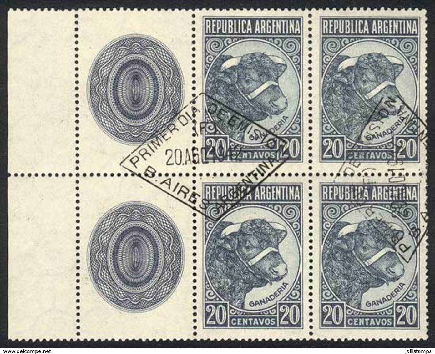 ARGENTINA: GJ.874CZ, 1942/52 Bull 20c. Imported Unsurfaced Paper (watermark Sun With Wavy Rays), Block Of 4 With Labels  - Used Stamps