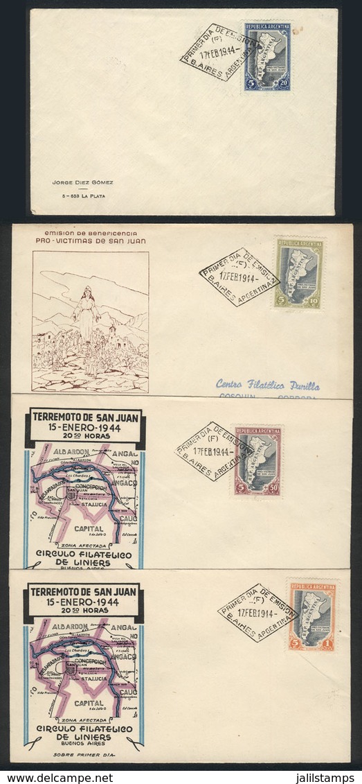 ARGENTINA: GJ.912/5 (Sc.B5/B9), 1944 San Juan Earthquake, Compl. Set On 4 Covers With FDI Cancel, VF, Catalog Value US$6 - Gebruikt