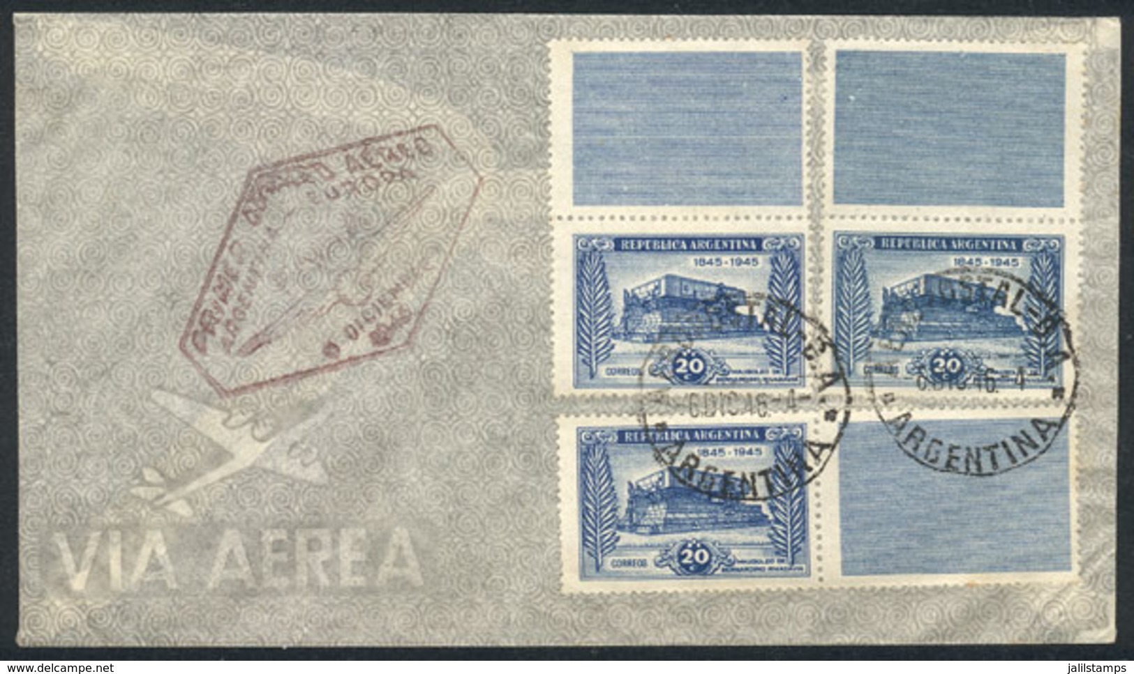 ARGENTINA: GJ.925CA + 925CD, 1945 Mausoleum Of Rivadavia 20c. With Labels At Top (2) And On The Right, On A Cover Flown  - Gebruikt