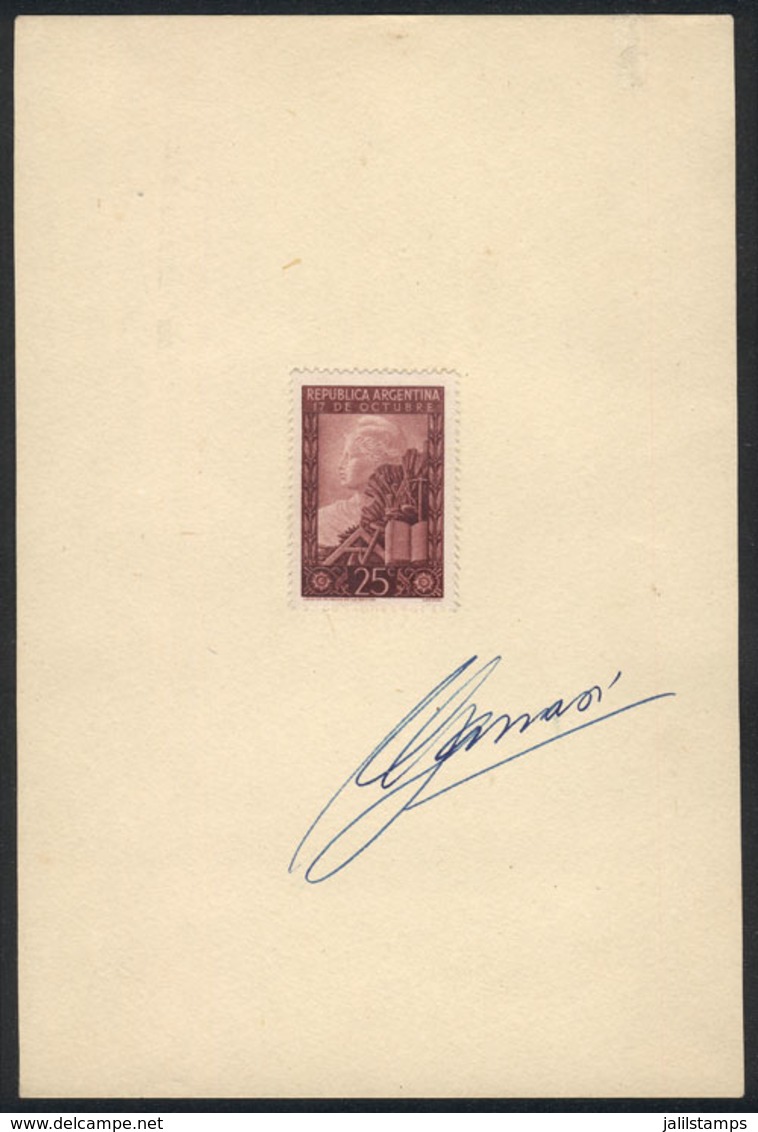 ARGENTINA: GJ.961 (Sc.581), 1948 October 17 (Peronist Loyalty Day), Mounted On A Card Signed By Renato Garvasi, Designer - Used Stamps