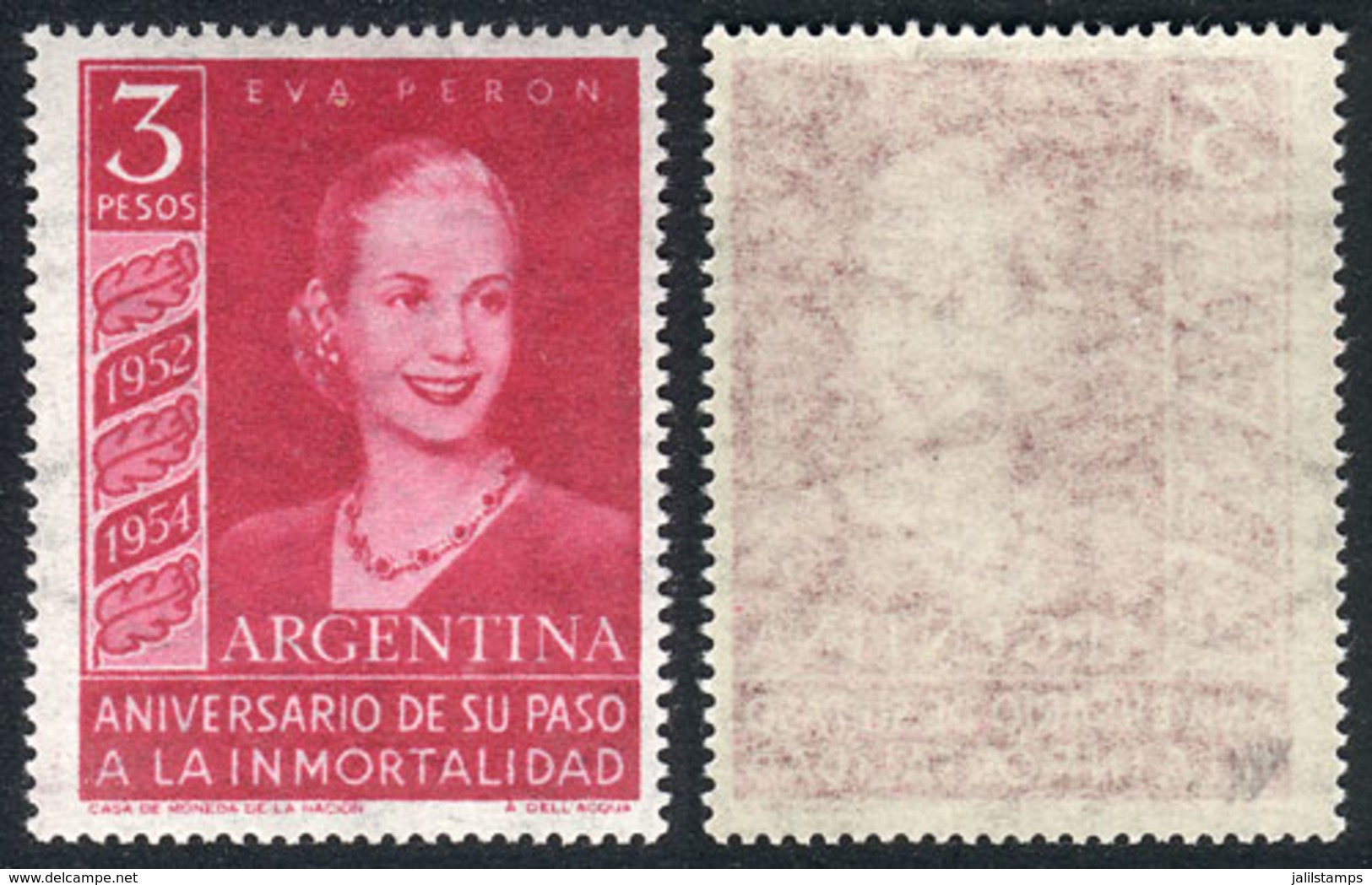 ARGENTINA: GJ.1031 (Sc.627), 1954 Eva Perón With Watermark Sun W/straight Rays, Mint Never Hinged, Superb, Catalog Value - Gebruikt