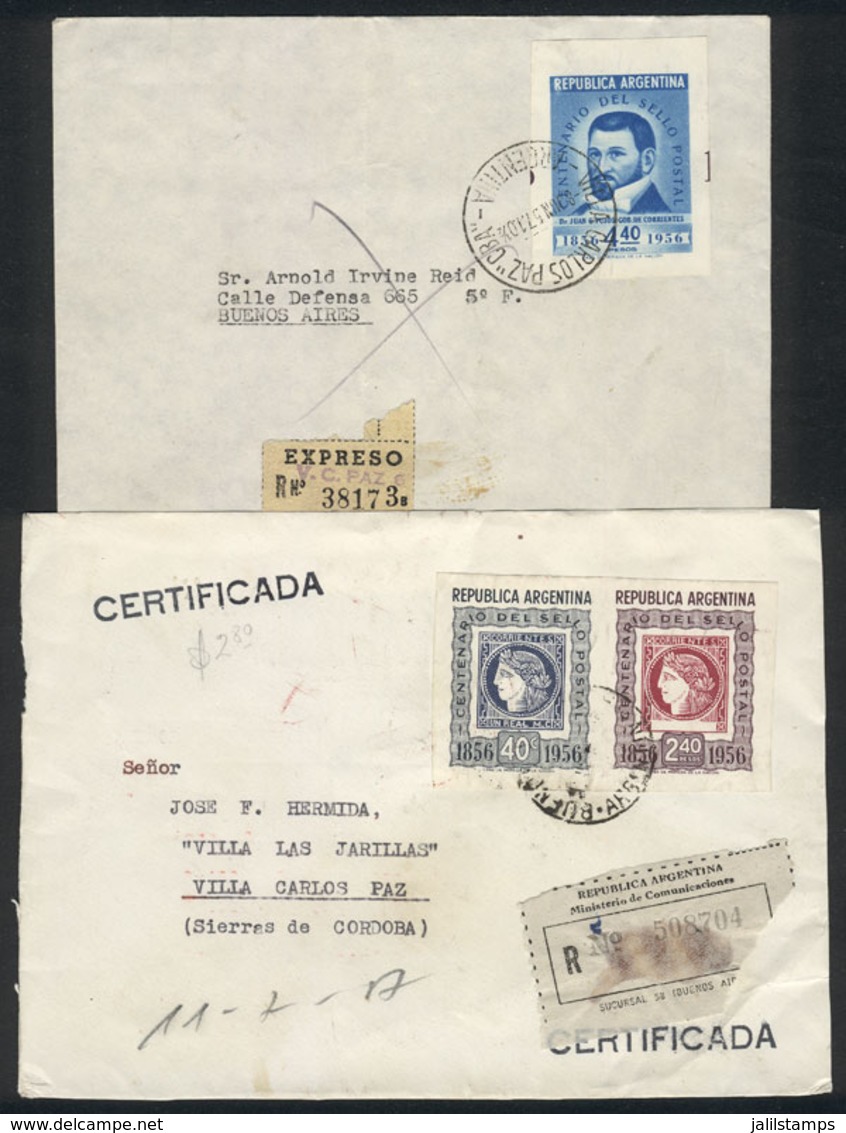 ARGENTINA: GJ.1073/5, 1956 Corrientes Stamp Exposition, Set Of 3 Values From The Souvenir Sheet, On A Cover And A Front  - Gebruikt