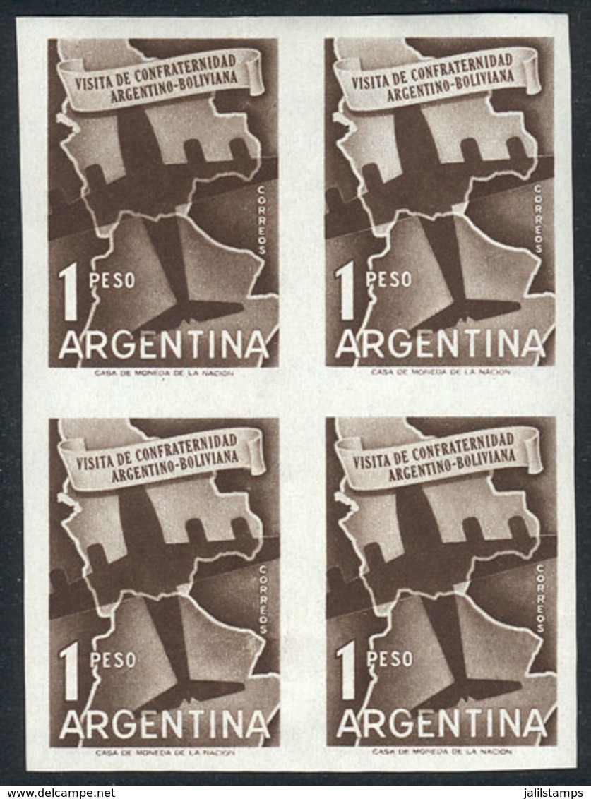 ARGENTINA: GJ.1103P (Sc.672), 1958 Airplane Flying Over Argentina And Bolivia, IMPERFORATE BLOCK OF 4, Little Defect, Ve - Oblitérés