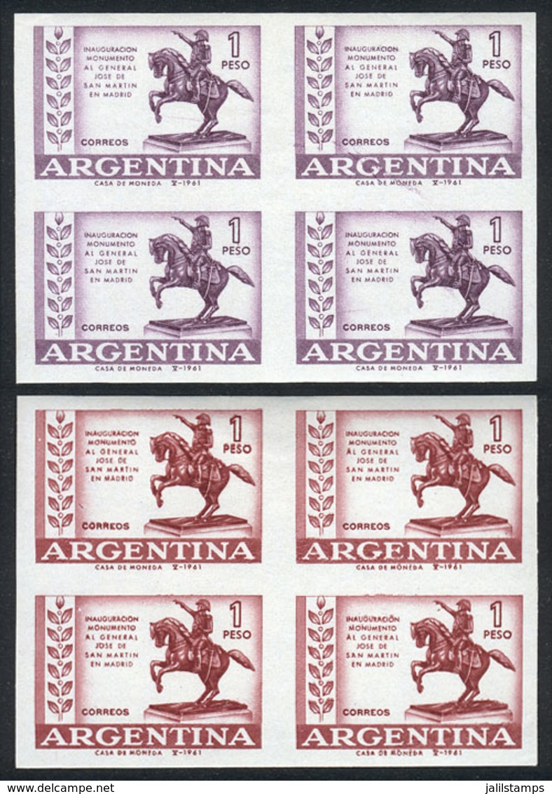 ARGENTINA: GJ.1216 (Sc.729), 1961 Statue Of San Martín On Horse, 2 TRIAL COLOR PROOFS, Blocks Of 4 Of VF Quality, Rare! - Oblitérés