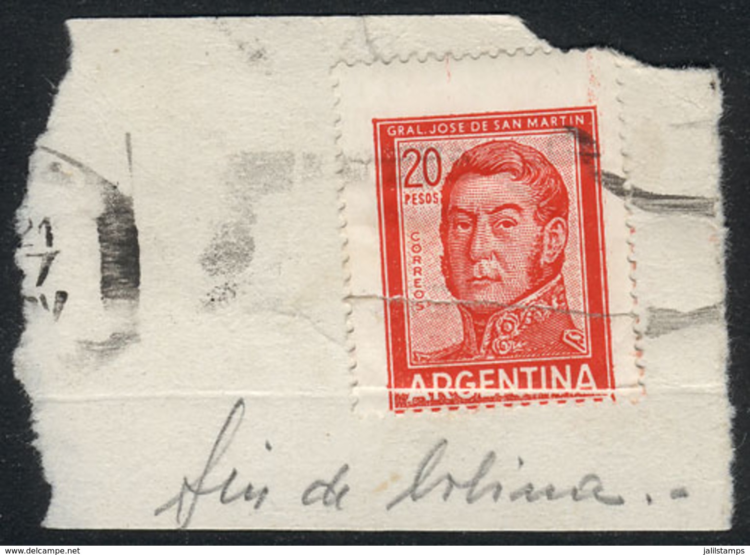 ARGENTINA: GJ.1310, 1965/8 San Martín 20P. Typographed, With PAPER OVERLAP Variety (splice), Used On Fragment, Excellent - Used Stamps