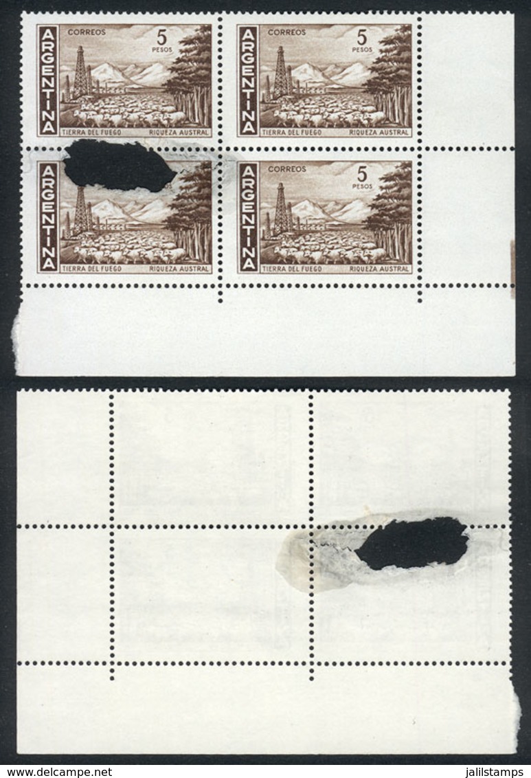 ARGENTINA: GJ.1490, 1969/71 5P. Southern Riches W/o Watermark, Block Of 4 With Odd VARIETY: Printed On Paper With Defect - Gebruikt