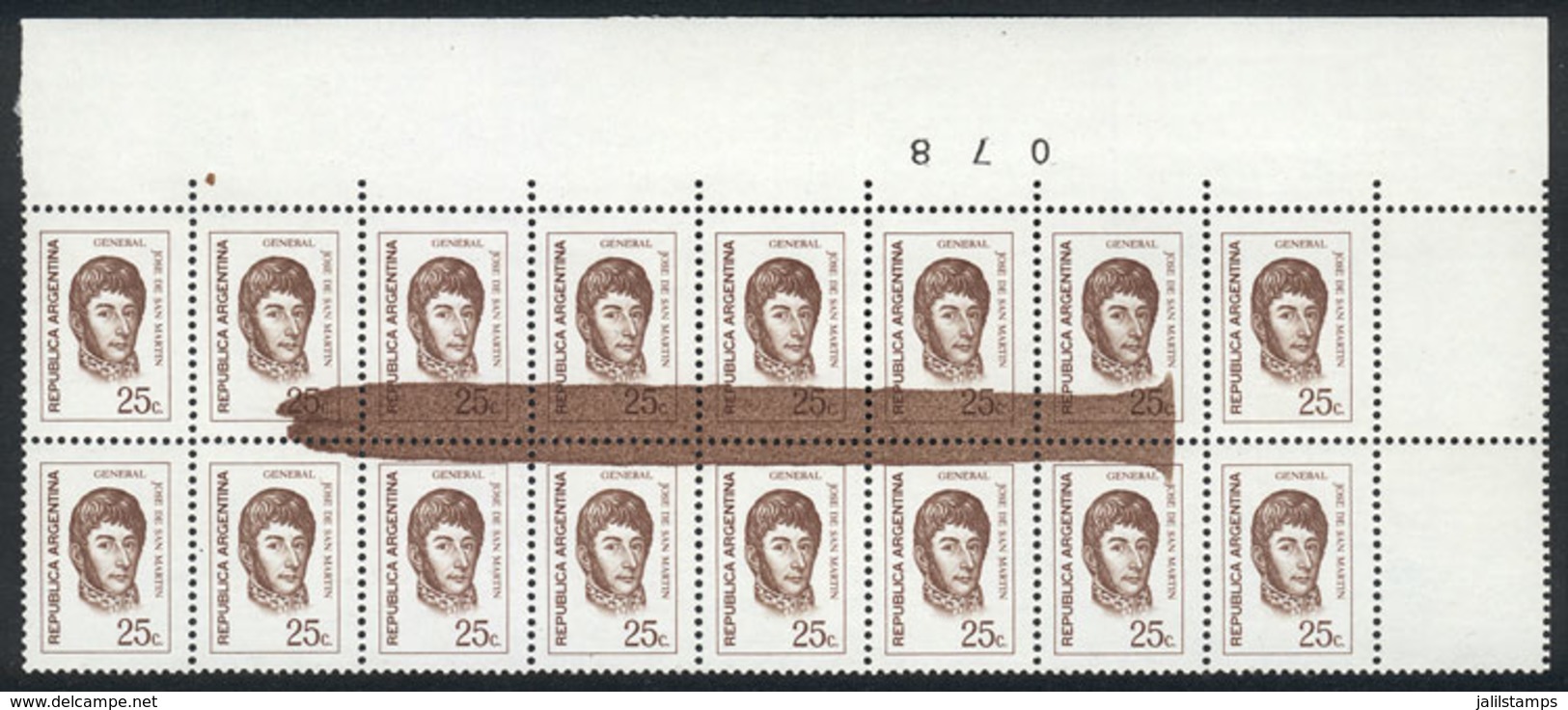 ARGENTINA: GJ.1530, 1970/3 25c. San Martín, Block Of 16 With VARIETY: Large Ink Smear Affecting 12 Stamps, VF Quality! - Oblitérés