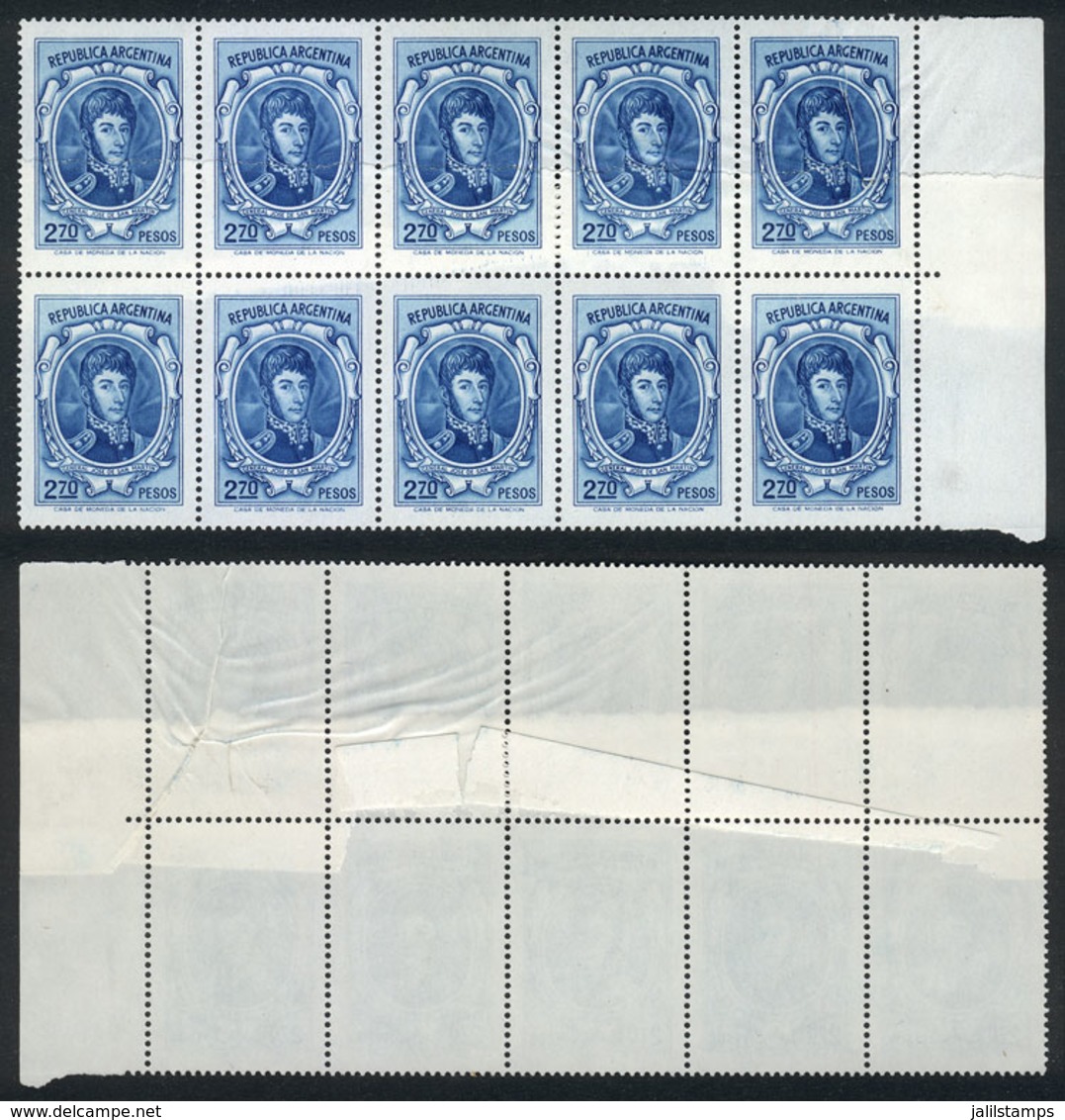 ARGENTINA: GJ.1633, 1974/6 2.70P. San Martín, Block Of 10 Stamps With PAPER OVERLAP (splice) Variety, Superb! - Oblitérés