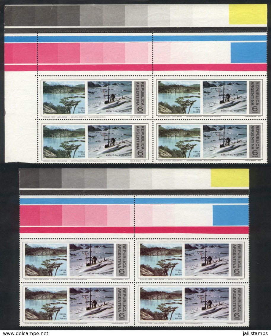 ARGENTINA: GJ.1709CA, 1975 Antarctica, 2 Blocks Of 4 With Labels At Top, VERY DIFFERENT COLORS, Interesting! - Oblitérés