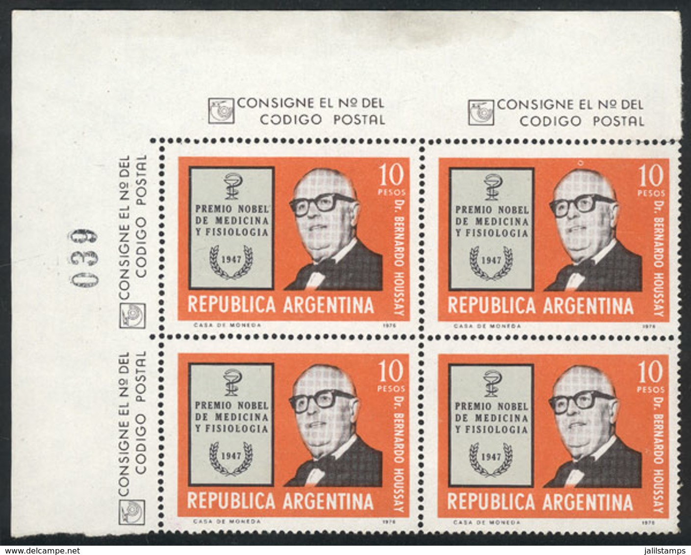 ARGENTINA: GJ.1734, 1976 Dr. Houssay, Winner Of Nobel Prize In Physiology Or Medicine, Corner Block Of 4 Printed On Rare - Oblitérés