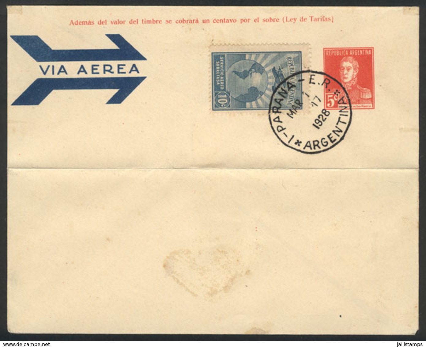 ARGENTINA: GJ.637, 1928 10c. Green Blue, On Cover With Cancel Of Paraná For 1/MAR/1928 (first Day Of Issue), Rare! - Luchtpost