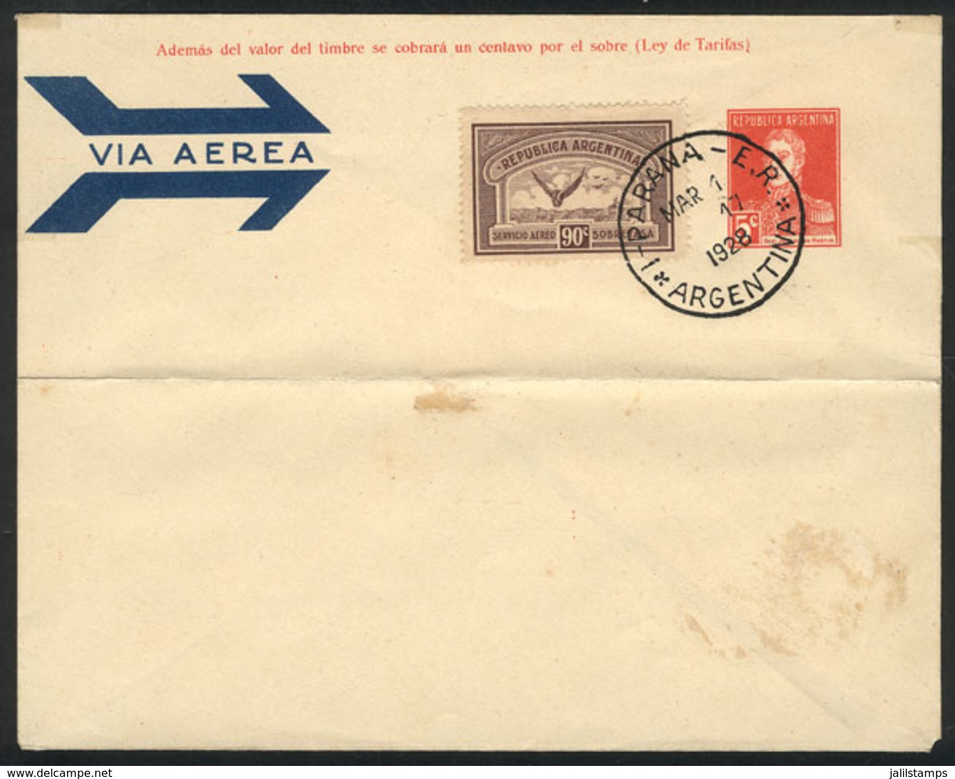 ARGENTINA: GJ.649, 1928 90c. Chestnut, On Cover With Cancel Of Paraná For 1/MAR/1928 (first Day Of Issue), Rare! - Airmail