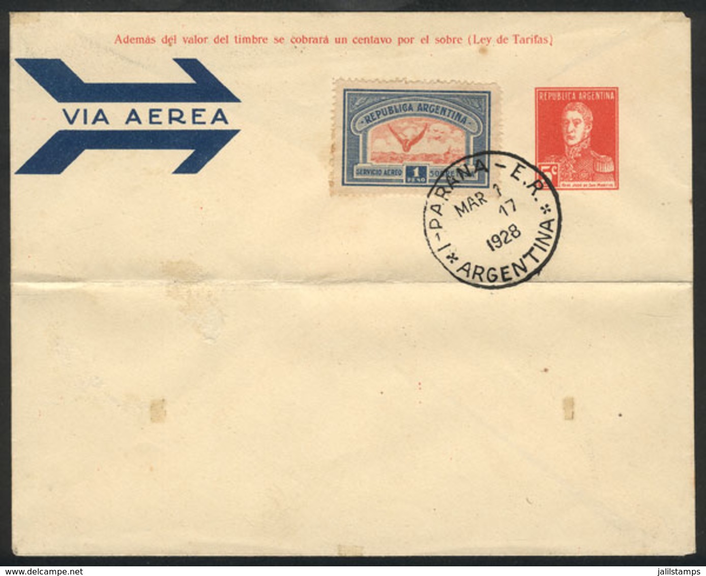 ARGENTINA: GJ.650, 1928 1P. Blue And Red, On Cover With Cancel Of Paraná For 1/MAR/1928 (first Day Of Issue), Rare! - Poste Aérienne