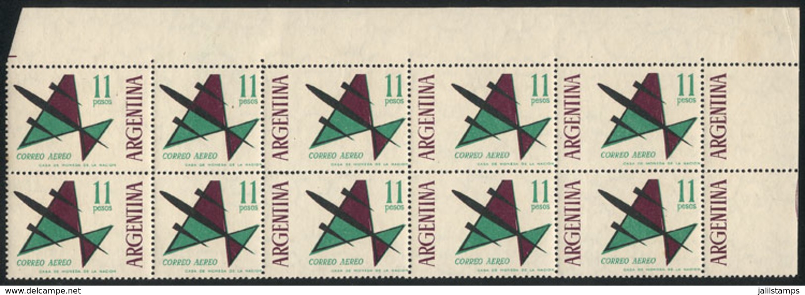 ARGENTINA: "GJ.1254, 1963 11P. Stylized Airplane, Block Of 10 Stamps (top Right Sheet Corner), The 2 On The Left Are Nor - Airmail