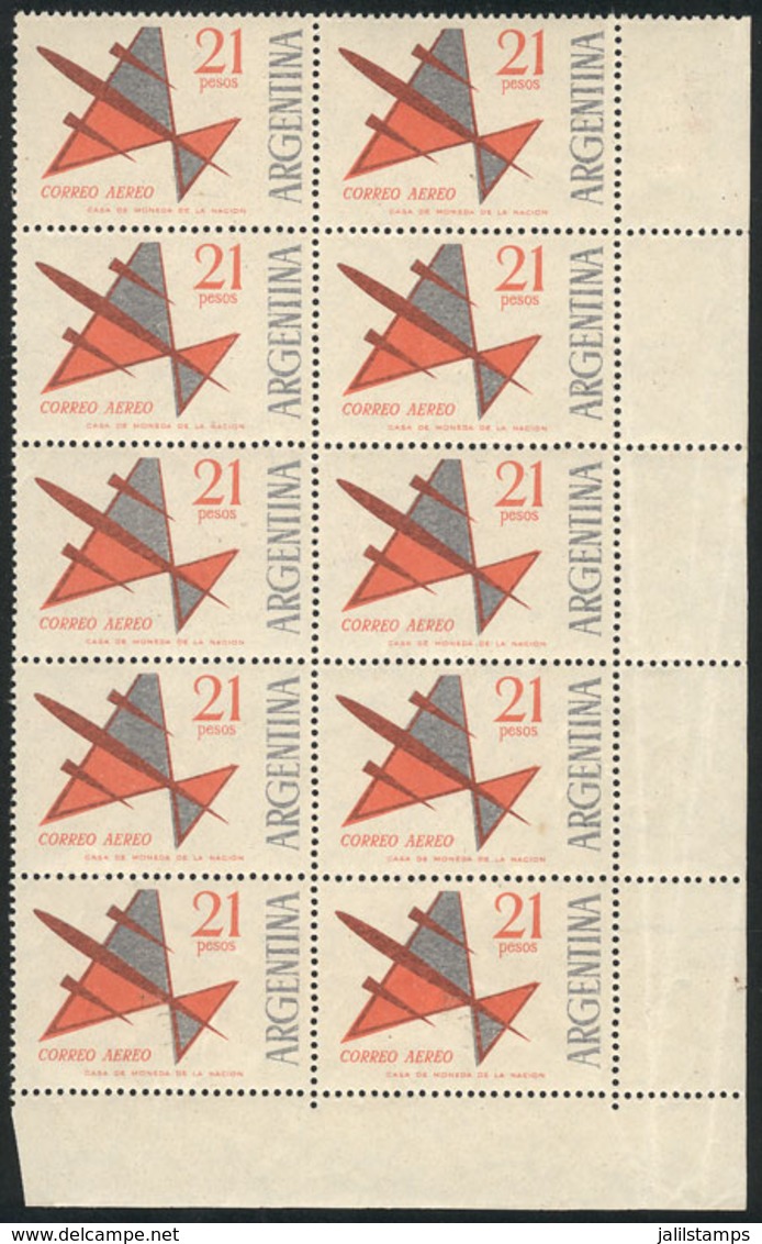 ARGENTINA: GJ.1256, 1963 21P. Stylized Airplane, Block Of 10 Stamps (lower Right Sheet Corner), Orange And Light Gray Co - Airmail