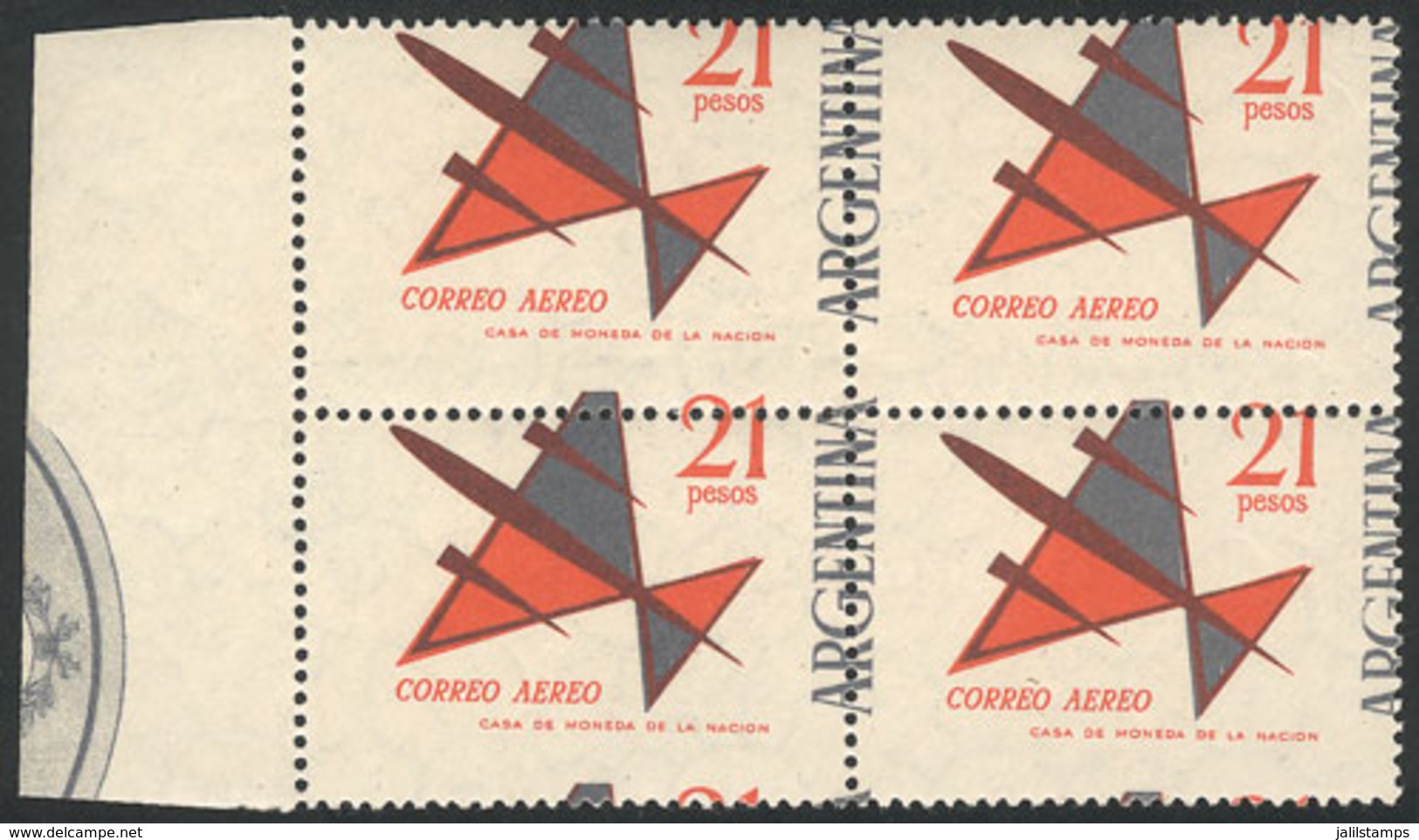 ARGENTINA: "GJ.1256, 1963 21P. Stylized Airplane, Block Of 4 With DRAMATICALLY SHIFTED PERFORATION, The Left Stamps Virt - Airmail
