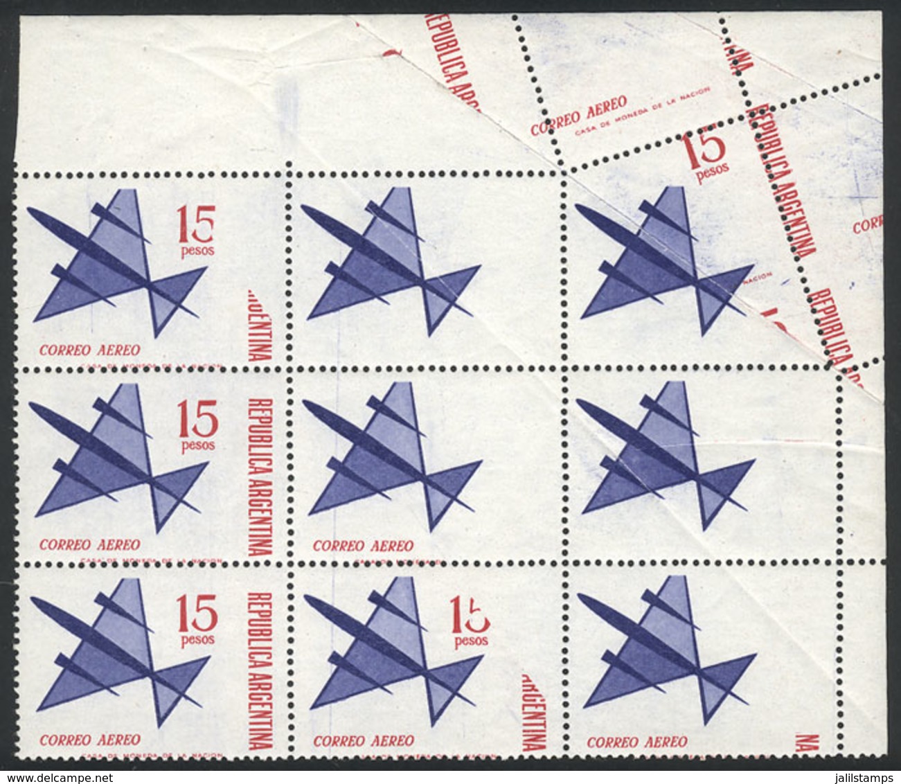 ARGENTINA: GJ.1338A, 1965 15P. Stylized Airplane, Corner Block Of 9 With Very Notable Perforation And Printing Varieties - Luchtpost