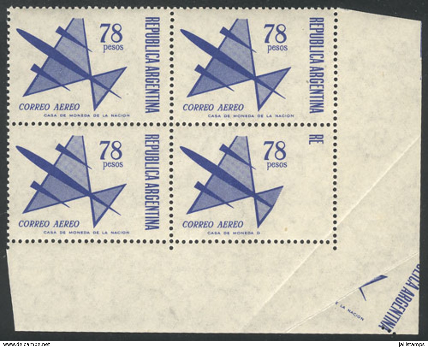 ARGENTINA: GJ.1434, 1967 78P. Stylized Airplane, Corner Block Of 4 Stamps, With VARIETY: The Corner Stamp Is Partially U - Posta Aerea