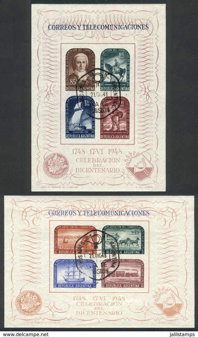 ARGENTINA: GJ.HB.11/12 (Sc.582/3), 1948 Postal Service In The River Plate 200th Anniv., Set Of 2 Souvenir Sheets With Fi - Other & Unclassified