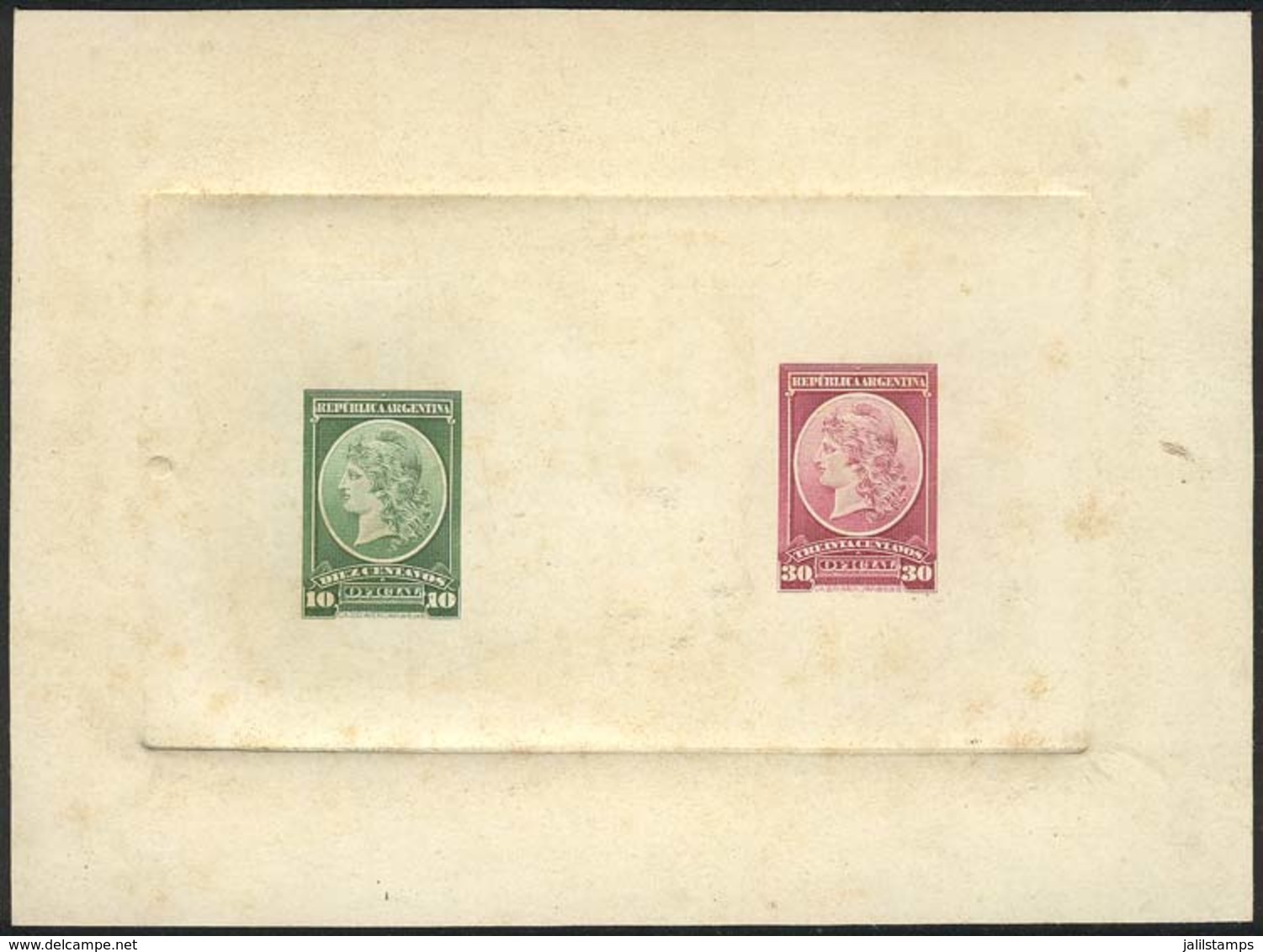 ARGENTINA: GJ.38 + 39, Multiple DIE PROOF (10c.+ 30c.) In Yellow-green And Lilac, Printed On Card With Glazed Front, VF  - Officials