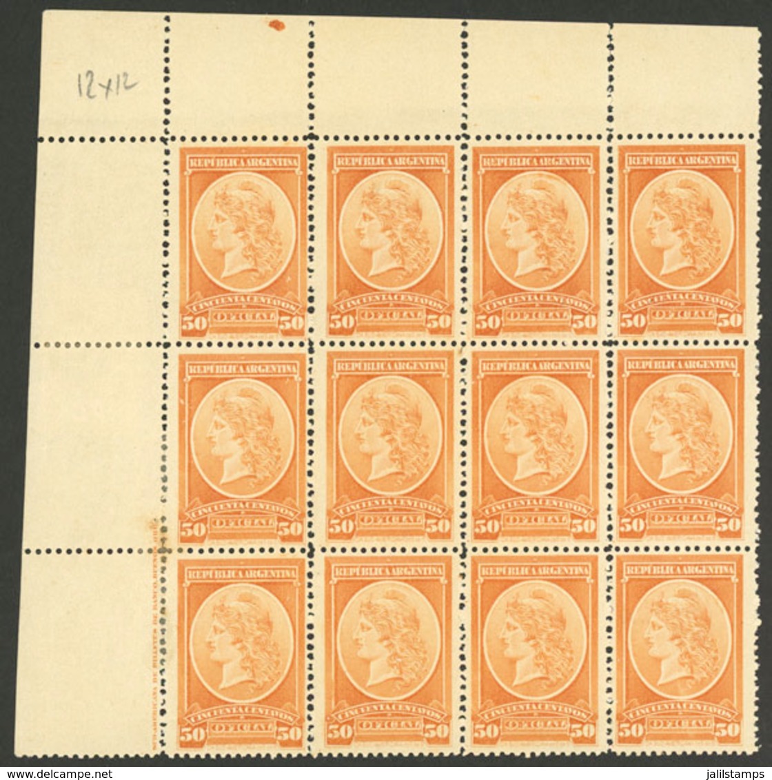 ARGENTINA: GJ.45, 1901 Liberty Head 30c. Perf 12¼, Large Corner Block Of 12, Mint Without Gum, Excellent Quality, Possib - Dienstzegels
