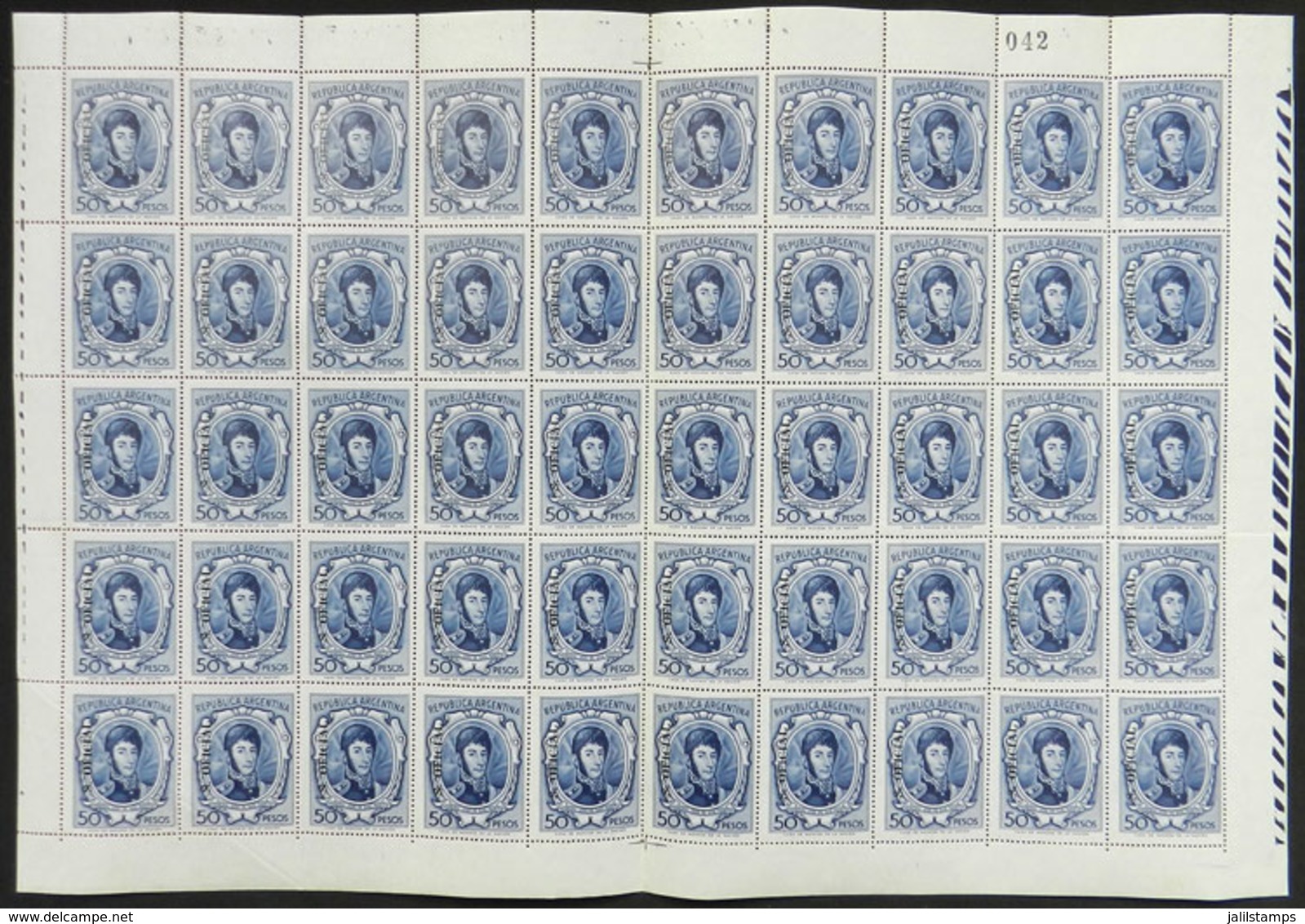 ARGENTINA: GJ.776, 50P. San Martín, Complete Sheet Of 50 Stamps, MNH (5 Or 6 Stamps With Minor Defects, The Rest Of Fine - Dienstzegels