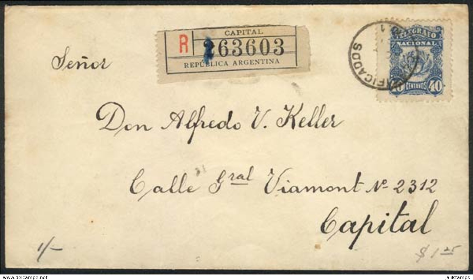 ARGENTINA: GJ.3, National Telegraph 40c. Blue, Franking A Registered Cover Used In Buenos Aires On 3/OC/1891, Excellent  - Telegraafzegels
